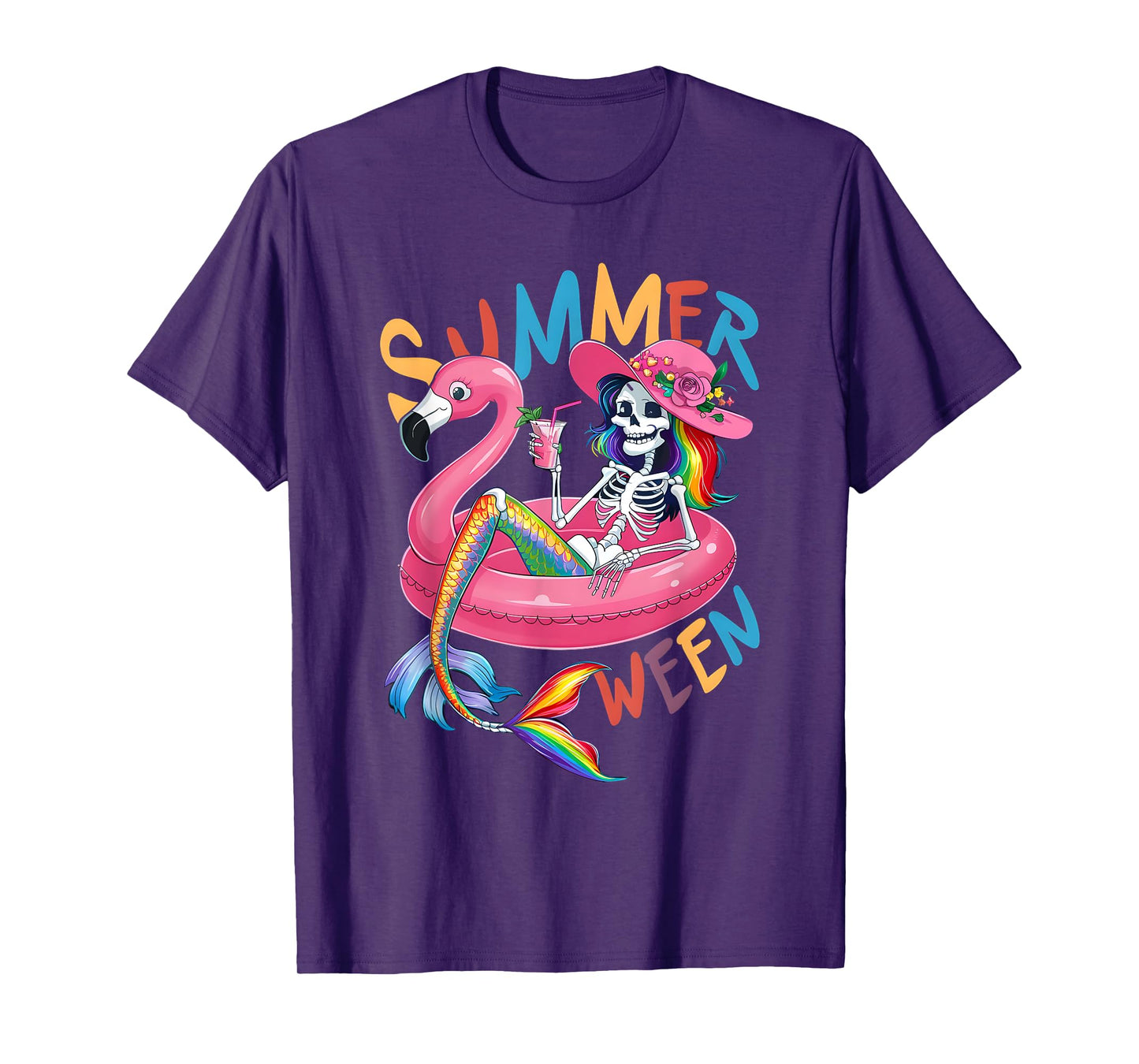 Summerween Mermaid Skeleton Flamingo Summer Halloween Women T-Shirt