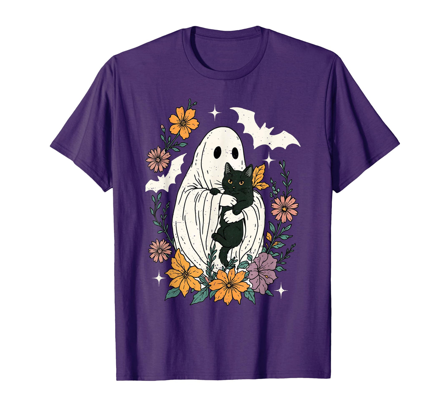 Groovy Floral Halloween Spooky Ghost Holding Black Cat Goth T-Shirt