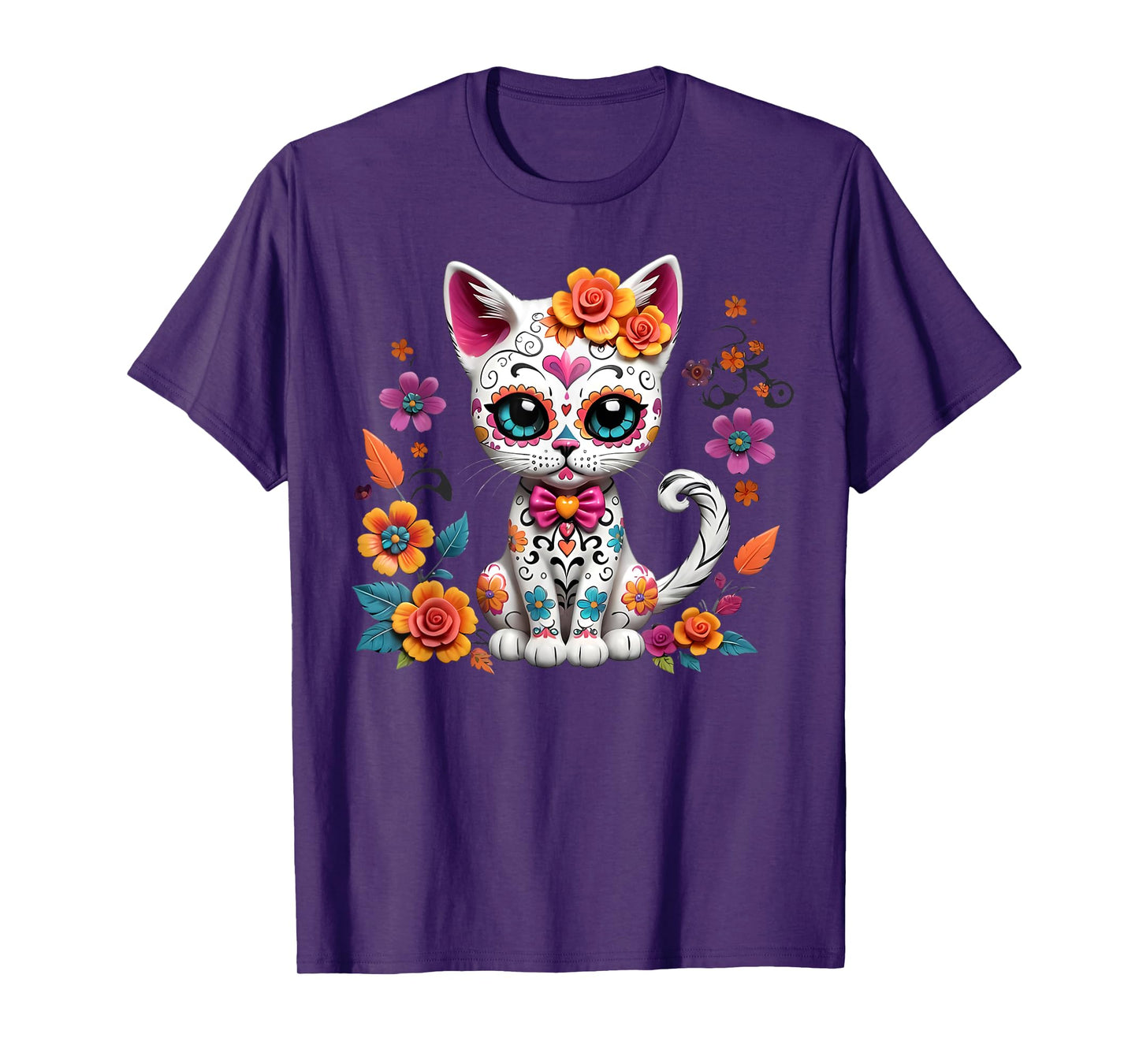 Floral Cat Sugar Skull Day of the Dead Dia de los Muertos T-Shirt for Men Women Kids