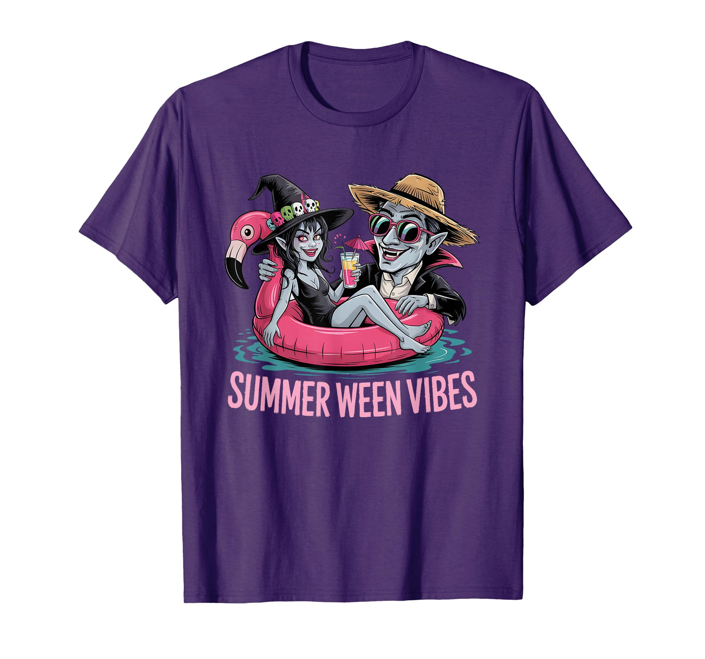 Funny Dracula and Witch Float Halloween Summer Ween Party T-Shirt