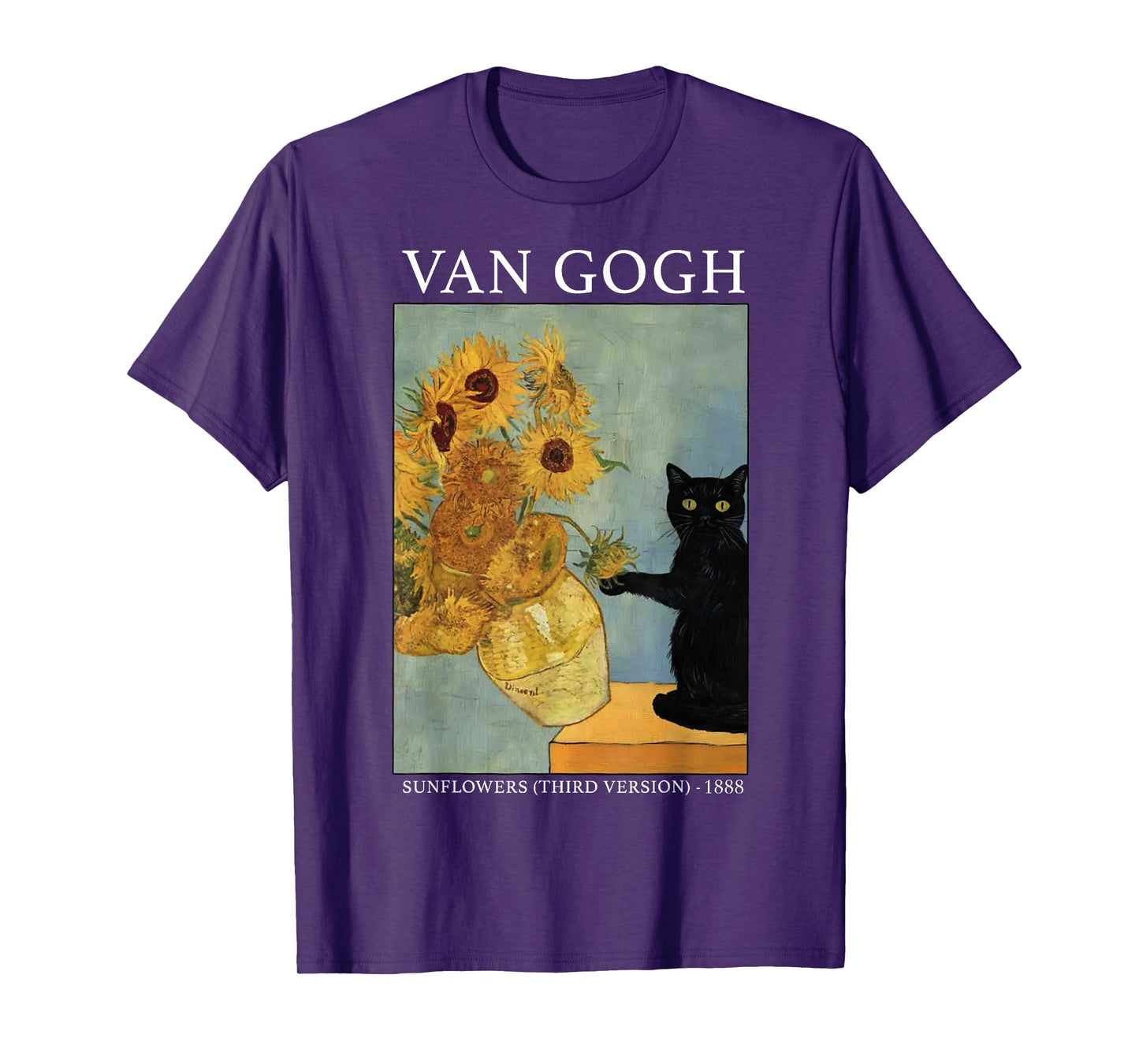 Van Gogh Black Cat With Sunflowers Funny Cat T-Shirt for Men Women