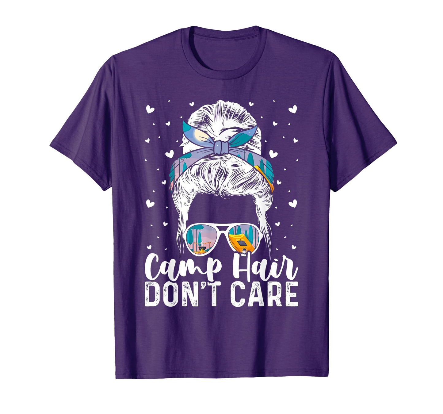 Camp Hair Don't Care Womens Camper Camping Messy Bun Hair T-Shirt
