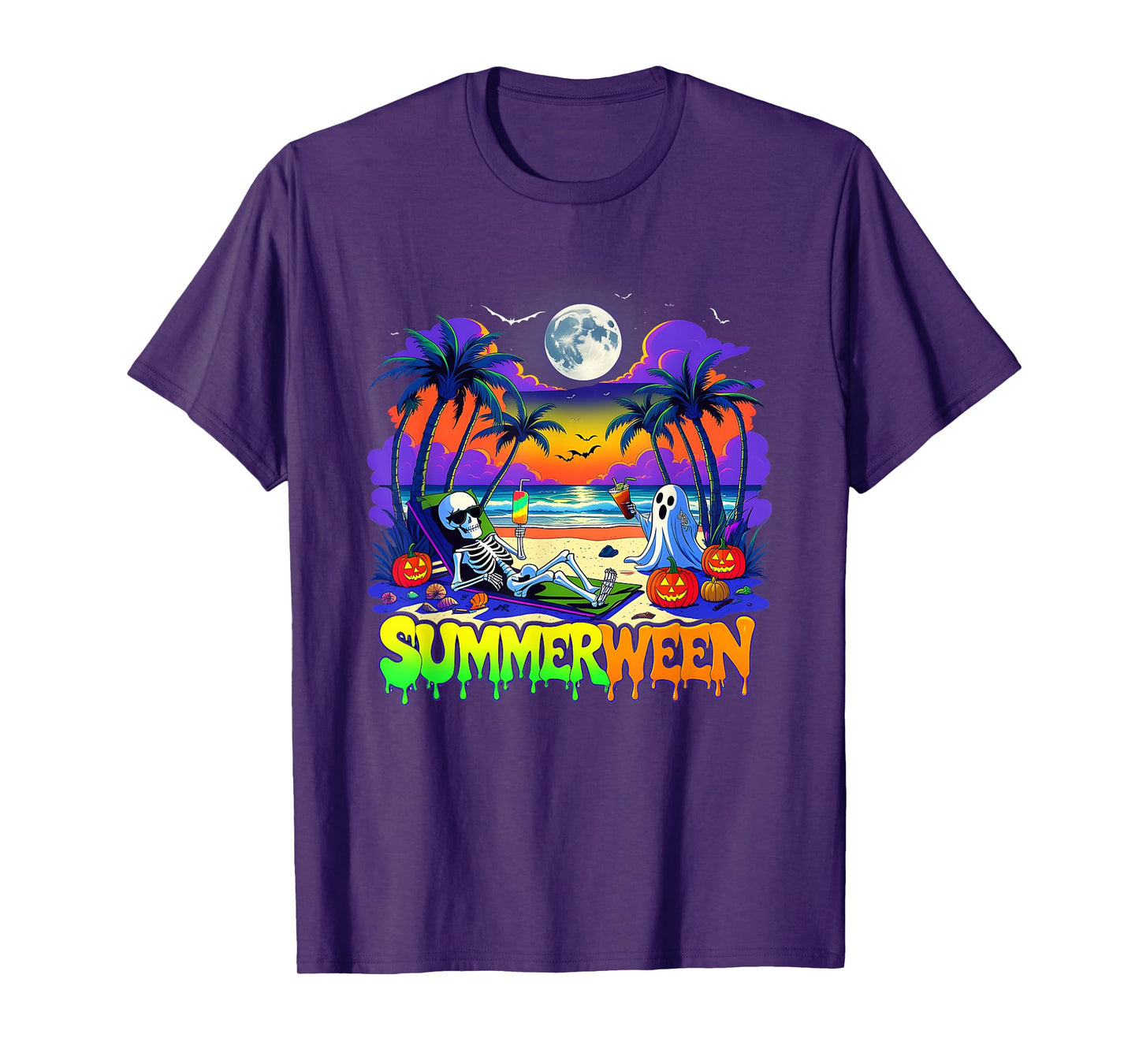 Summerween Skeleton Ghost Beach Funny Spooky Halloween T-Shirt