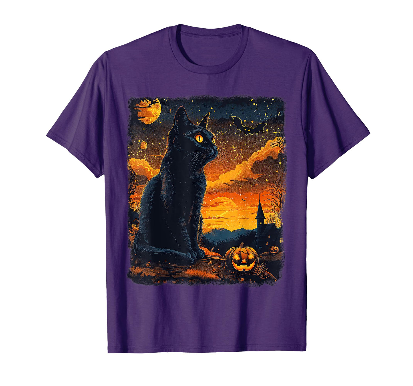 Black Cat Starry Night Van Gogh Pumpkins Bats Halloween Crew T-Shirt