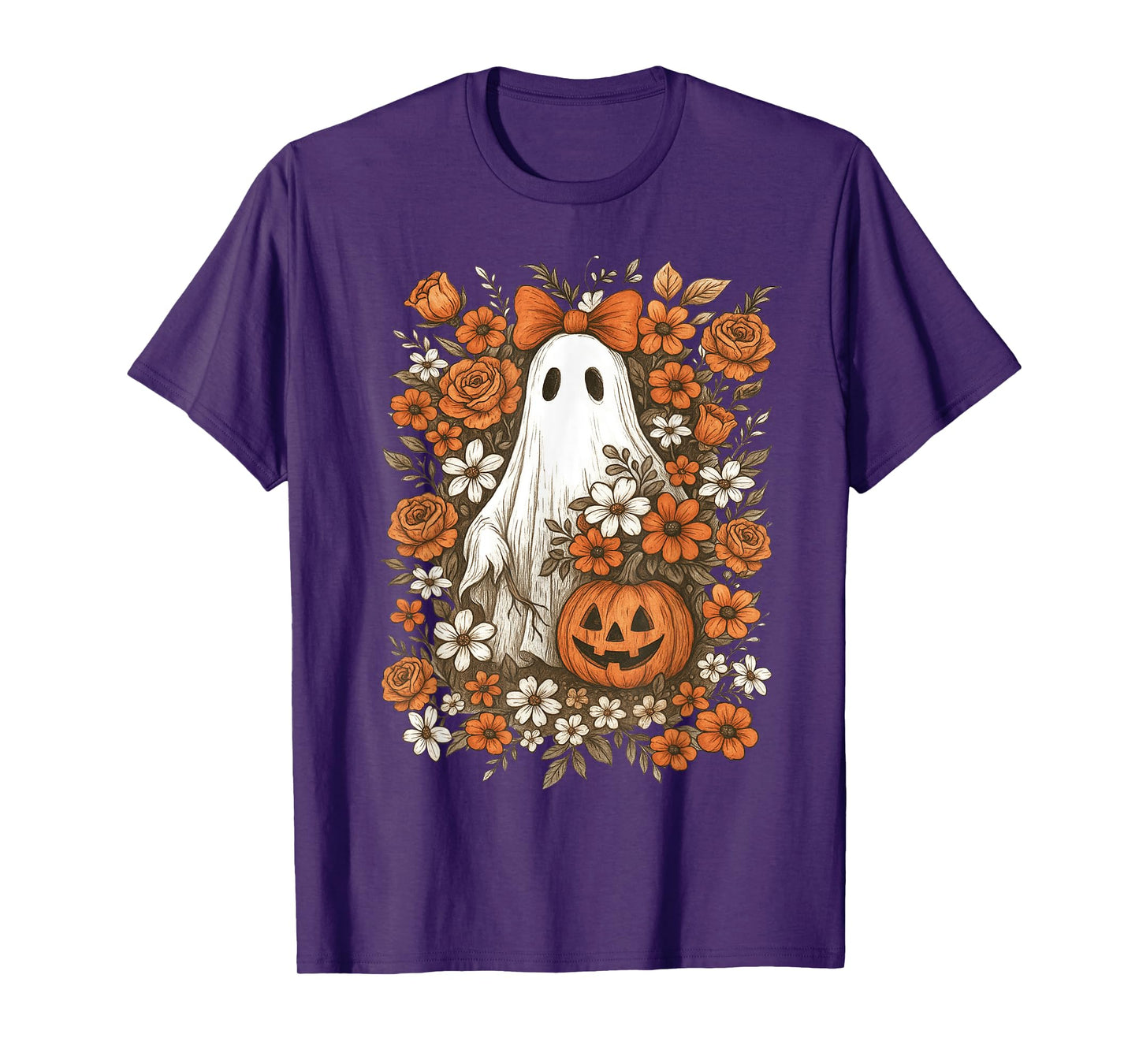 Retro Floral Ghost Cute Pumpkin Autumn Halloween Women Kids T-Shirt
