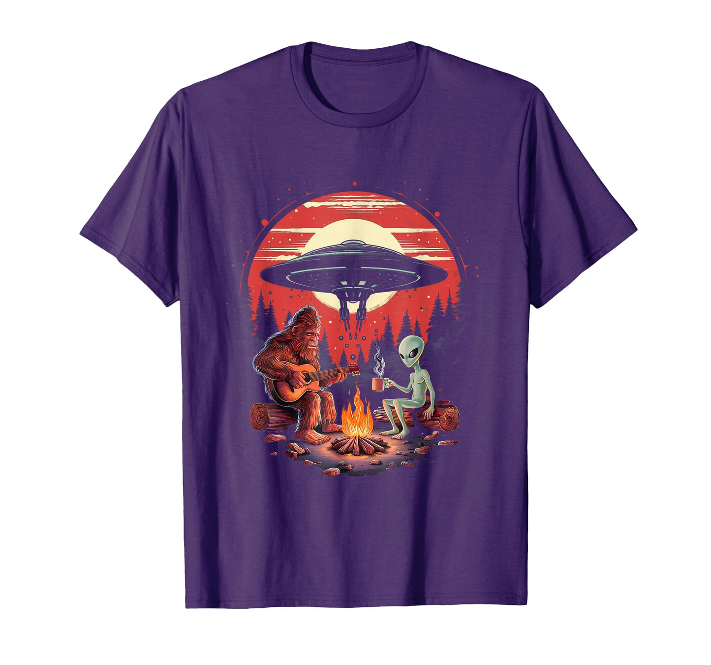 Alien And Bigfoot Campfire Sasquatch UFO For Outdoor Lovers T-Shirt