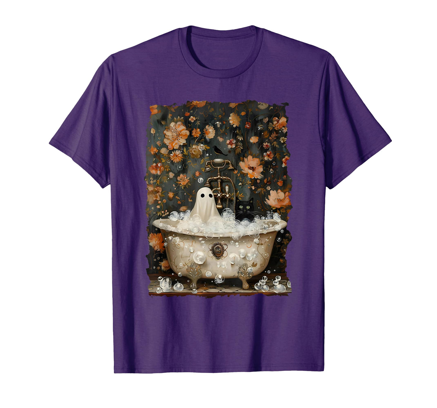 Ghost Takes A Bath Tub In Flower Forest Halloween Vintage T-Shirt
