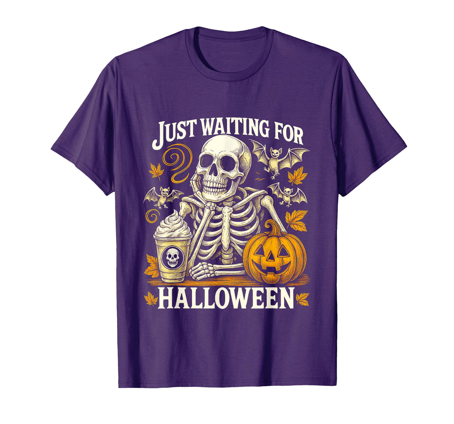 Just Waiting Skeleton Pumpkin Coffee Halloween Vibes T-Shirt