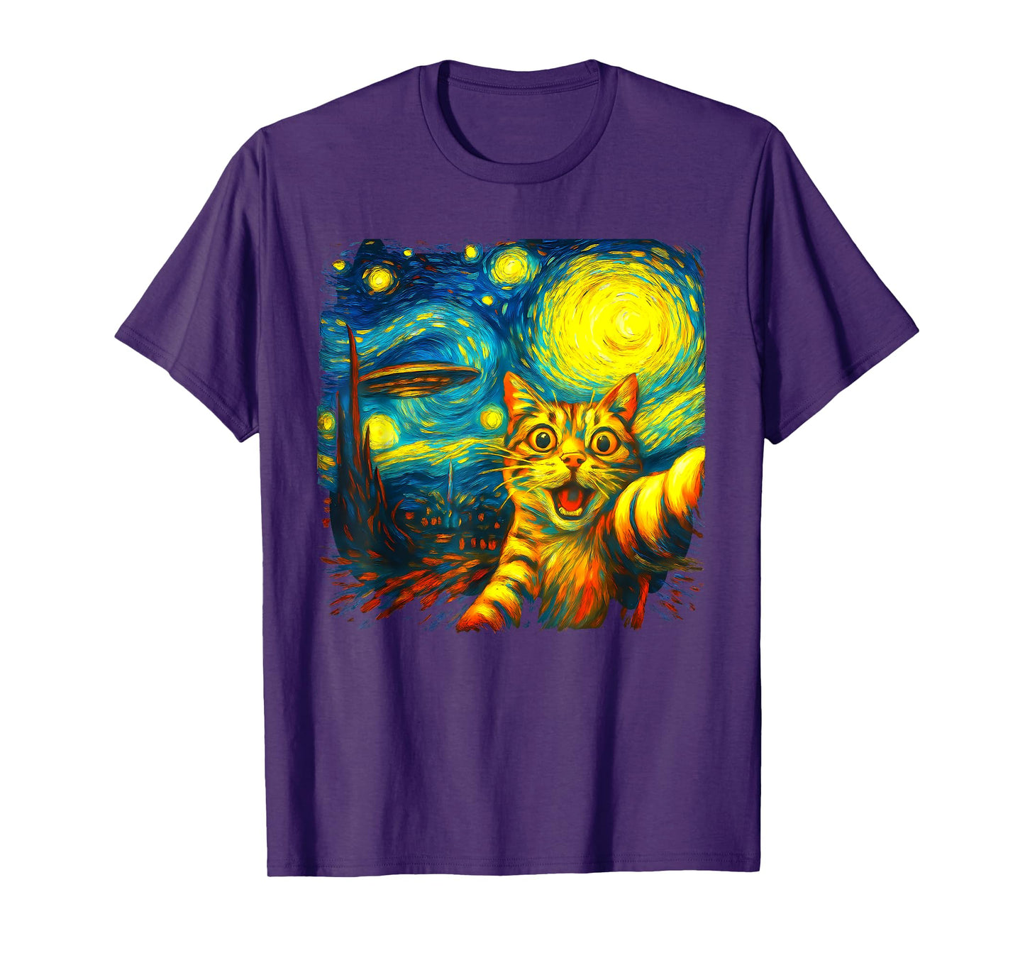 Cat Selfie With Alien UFO Funny Starry Night Van Gogh T-Shirt