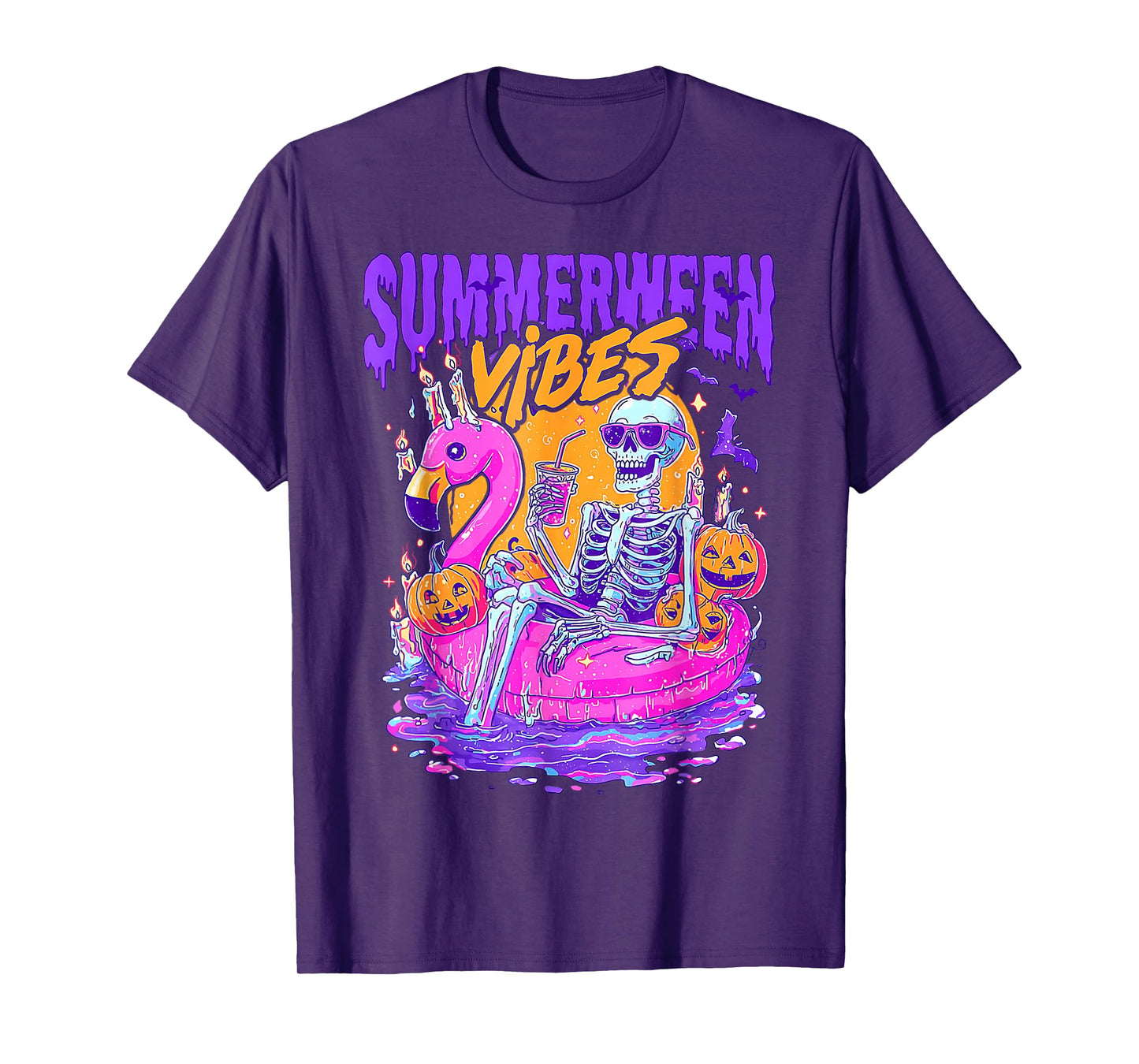 Summerween Vibes Spooky Skeleton Flamingo Pool Halloween T-Shirt