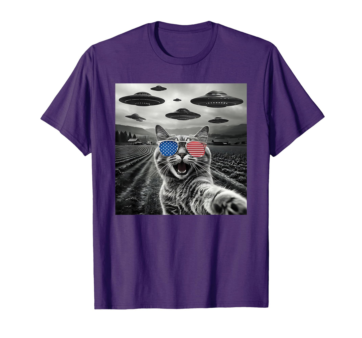 4th Of July Cat Selfie With Alien UFO USA Flag Sunglasses Men Women Kids T-Shirt