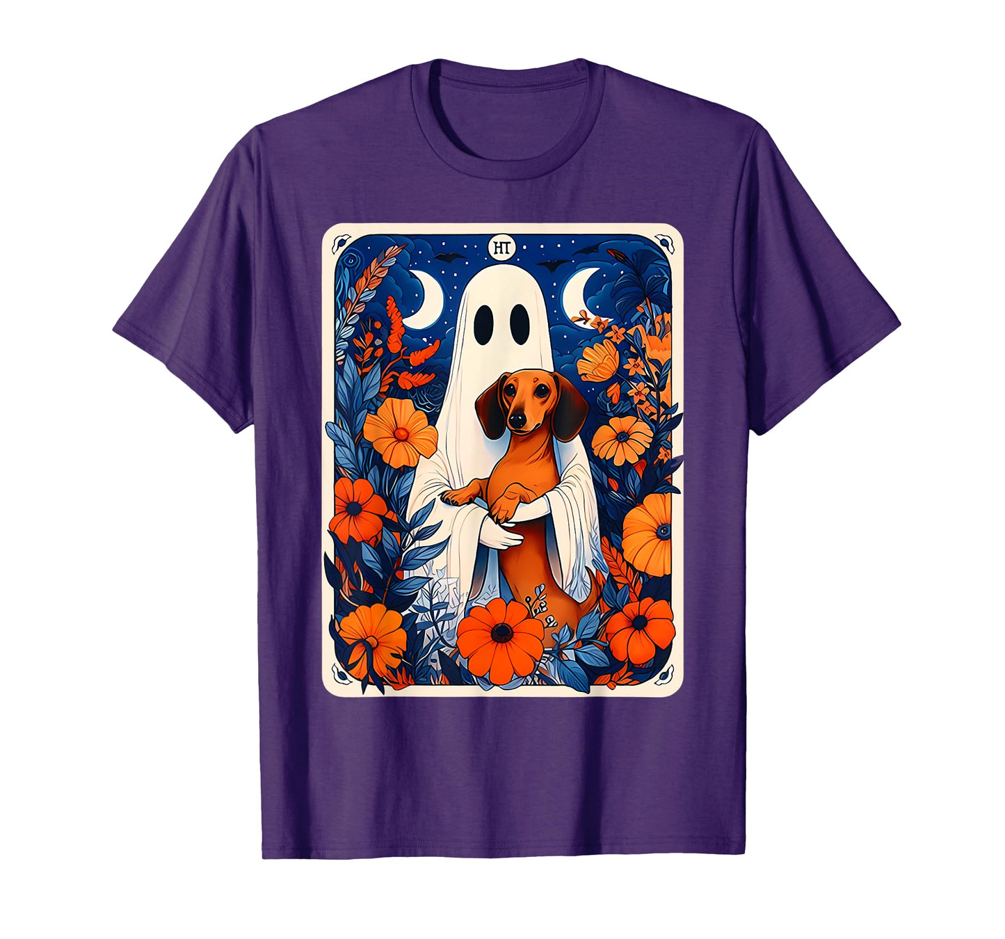 Ghost Holding Dachshund Spooky Tarot Card Fall Halloween T-Shirt