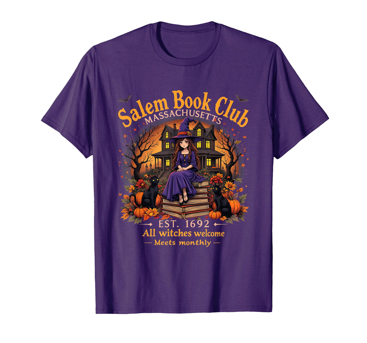 Bookish Spooky Halloween Vintage Salem Book Club Black Cat T-Shirt