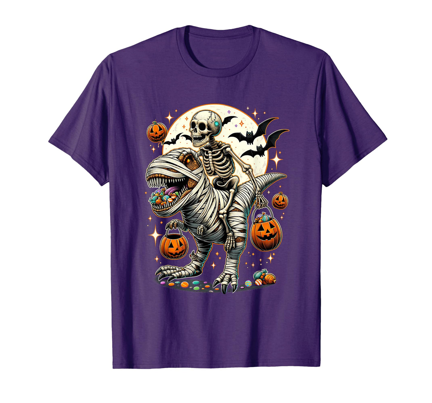 Skeleton Riding Mummy Dinosaur T Rex Kids Boys Men Halloween T-Shirt