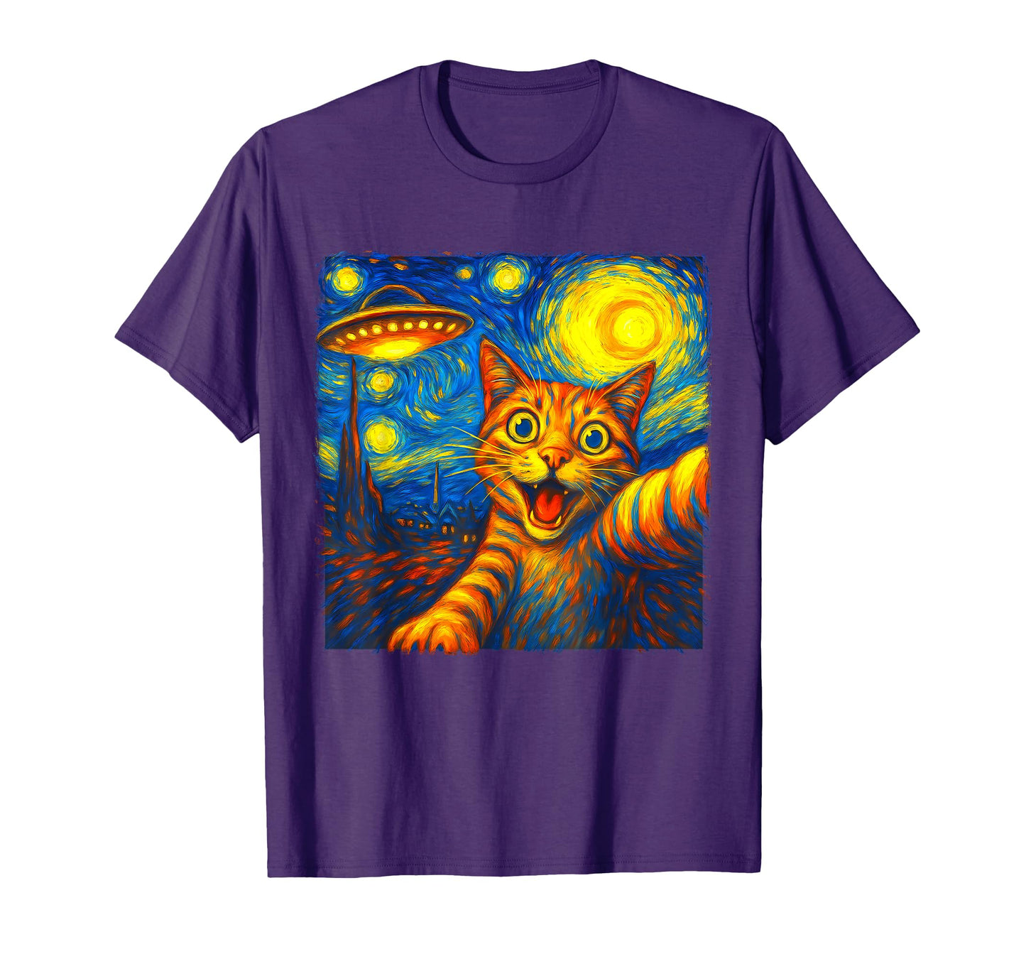 Cat Selfie With Alien UFO Funny Starry Night Van Gogh J T-Shirt