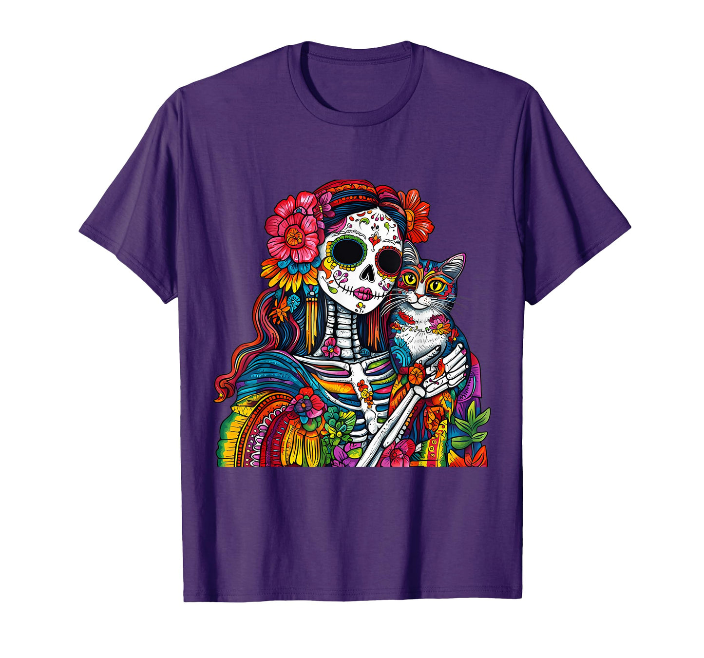 Cute Da De Los Muertos Cat Skeleton Sugar Skull T-Shirt