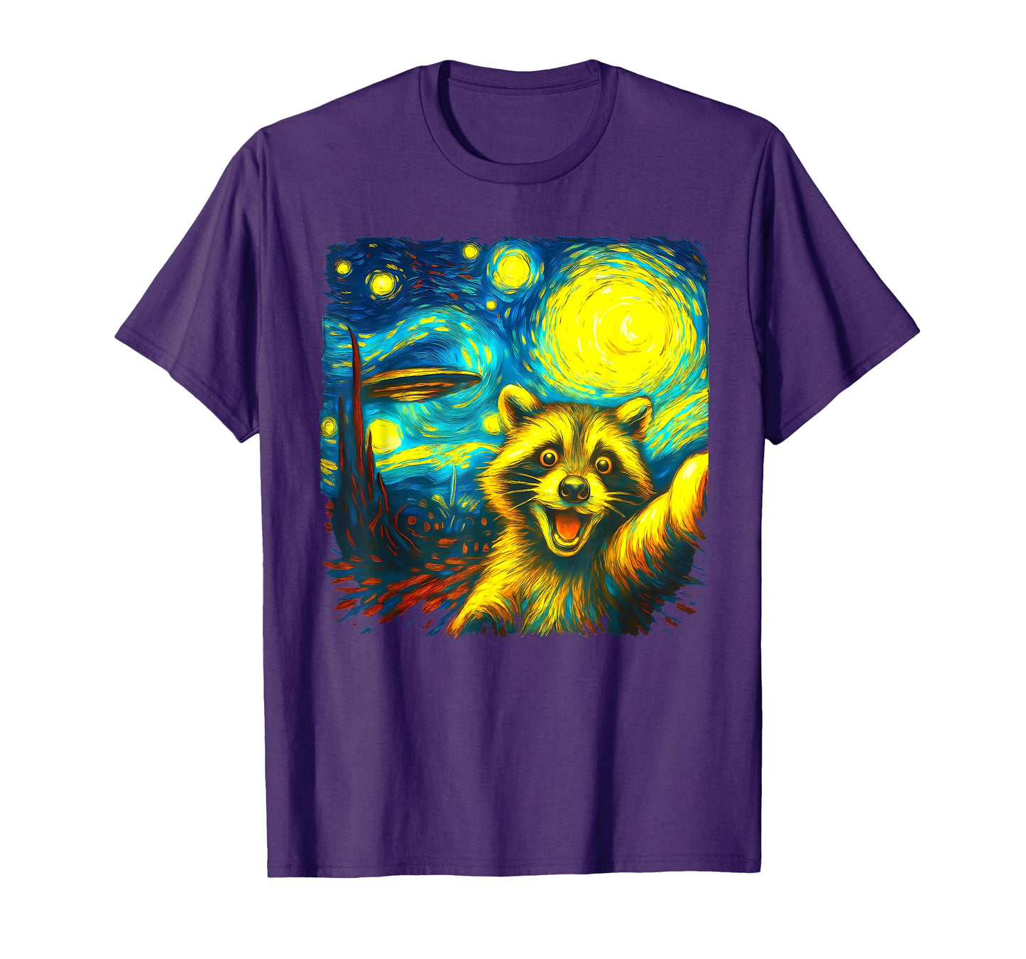 Raccoon Selfie With Alien UFO Funny Starry Night Van Gogh T-Shirt