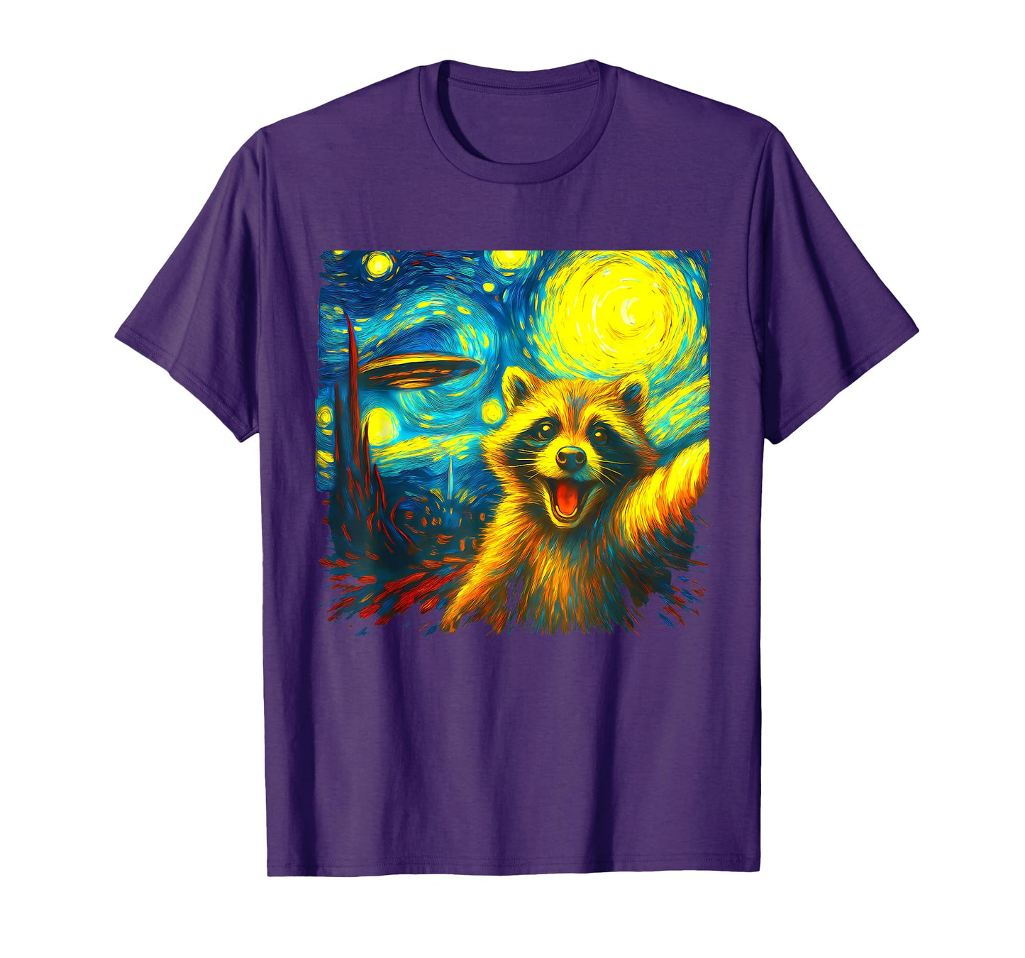 Raccoon Selfie With Alien UFO Funny Starry Night Van Gogh T-Shirt