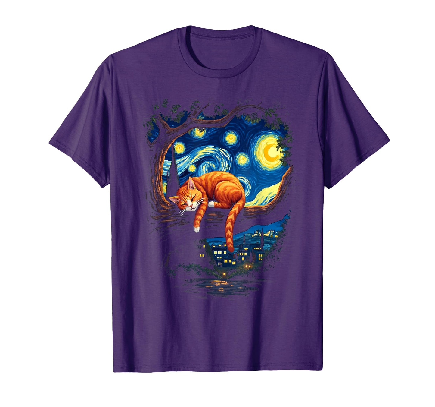 Van Gogh Starry Night Funny Cat Moonlit Scene Cat Lovers T-Shirt