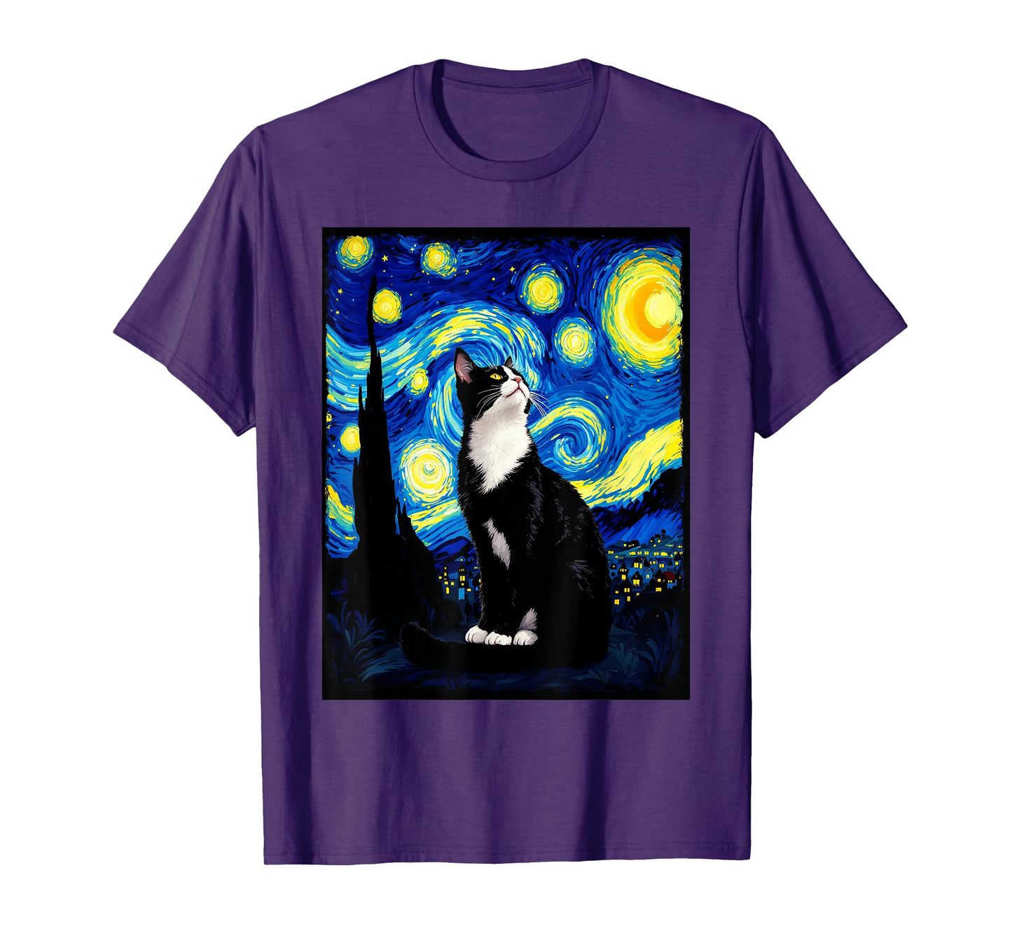 Van Gogh Starry Night Cute Cat Moonlit Scene Cat Lovers T-Shirt for Men Women
