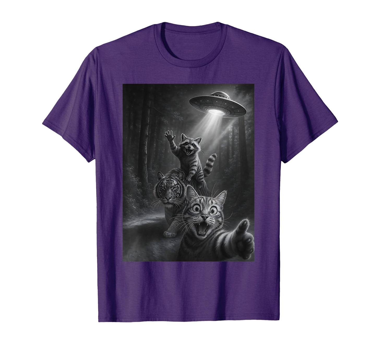 Funny Animal Humor Raccoon Riding Tiger UFO Cat Selfie T-Shirt