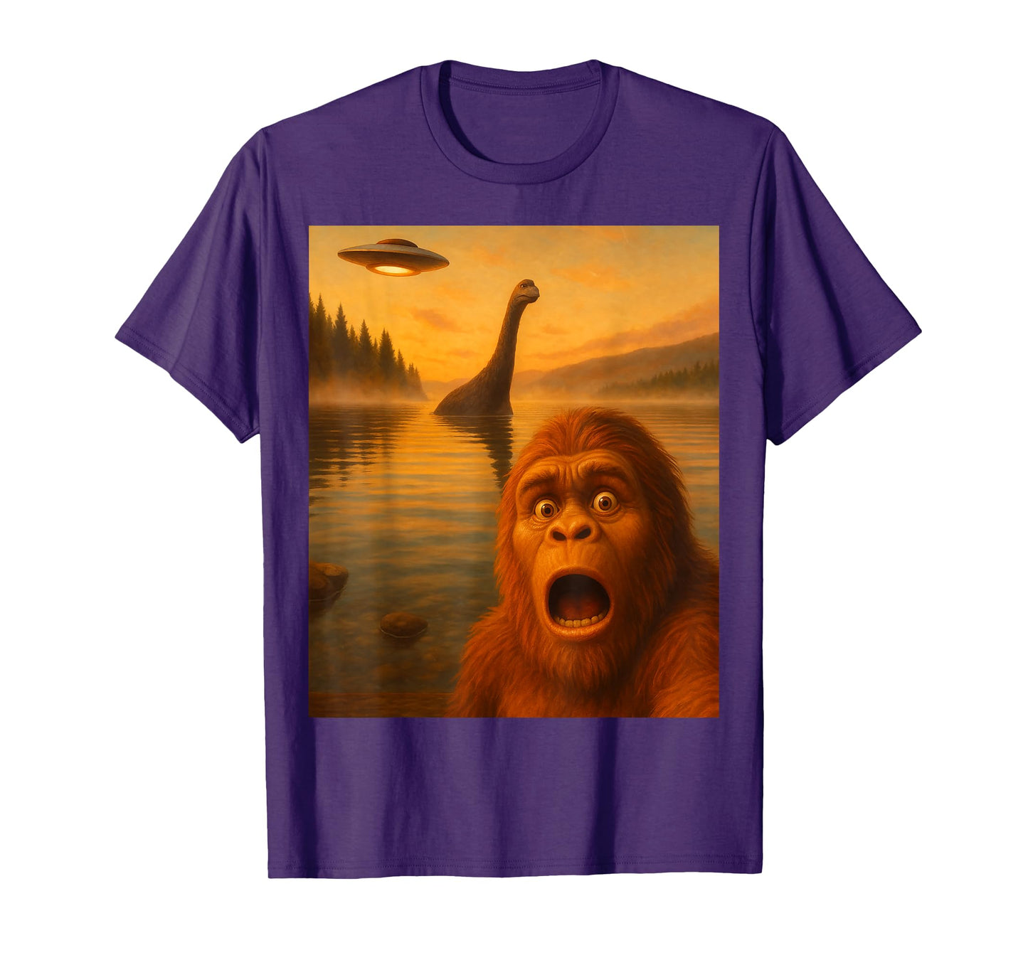 Bigfoot Selfie With Loch Ness UFO Alien Gifts Men Women Kids T-Shirt