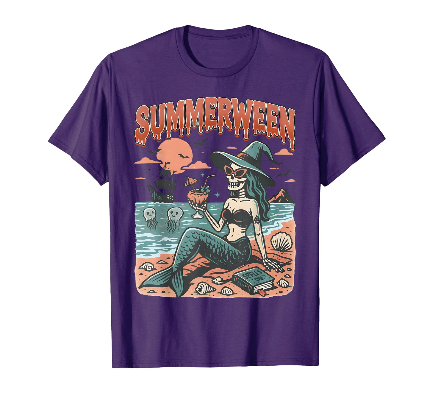 Summerween Mermaid Skeleton Beach Flamingo Halloween Girl T-Shirt