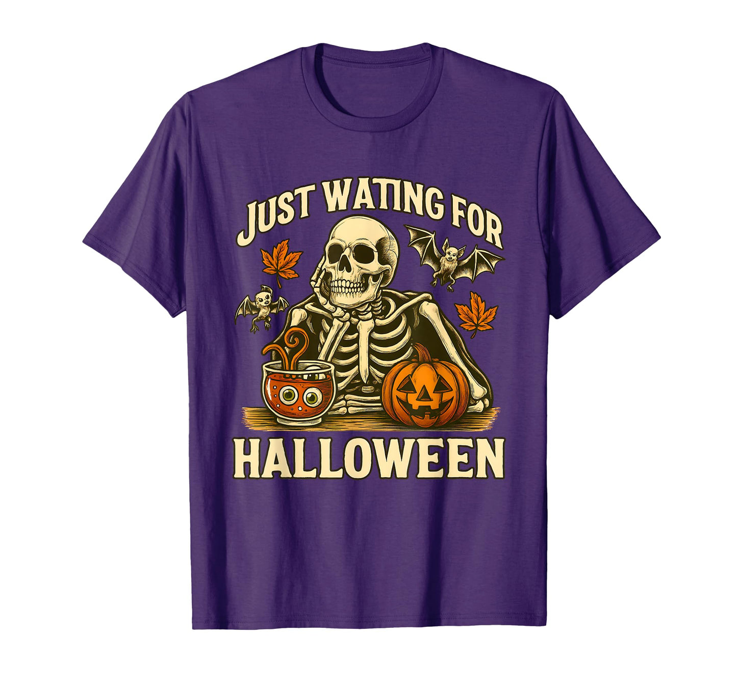 Just Waiting for Halloween | Skeleton Pumpkin Design T-Shirt