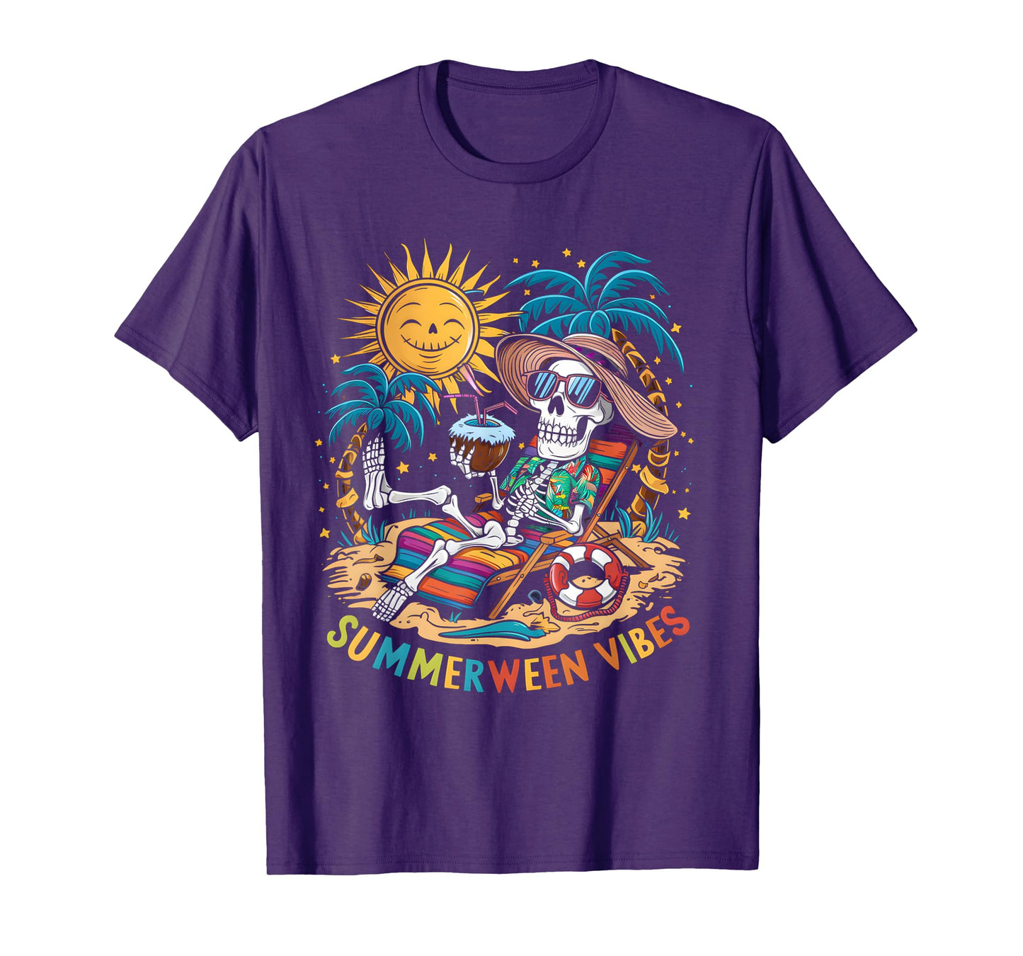 Funny Summerween Vibes Skeleton Summer Vacation Beach Men Women T-Shirt