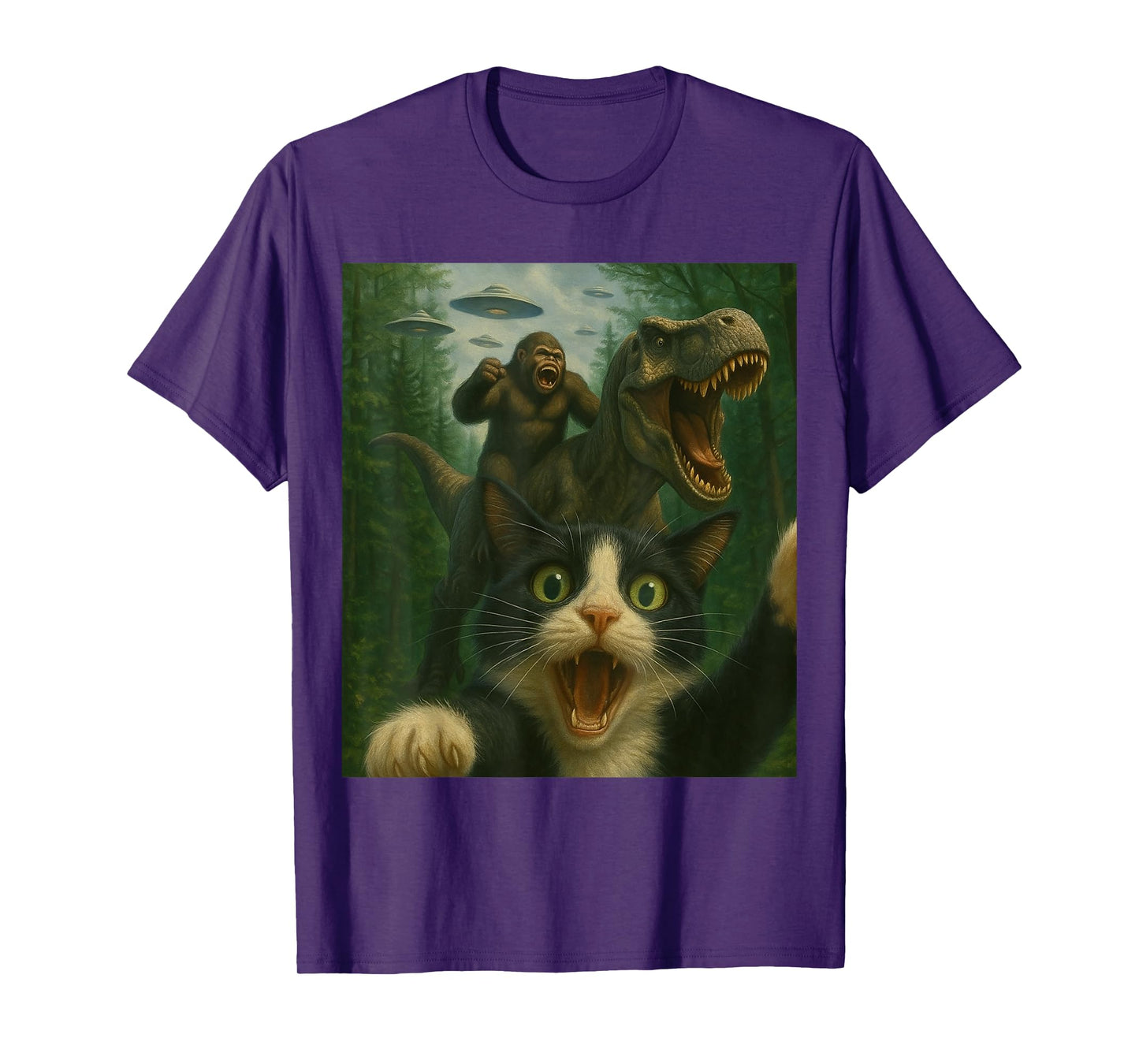 Funny Surprised Scared Cat Selfie T-Rex Dinosaur Bigfoot UFO T-Shirt