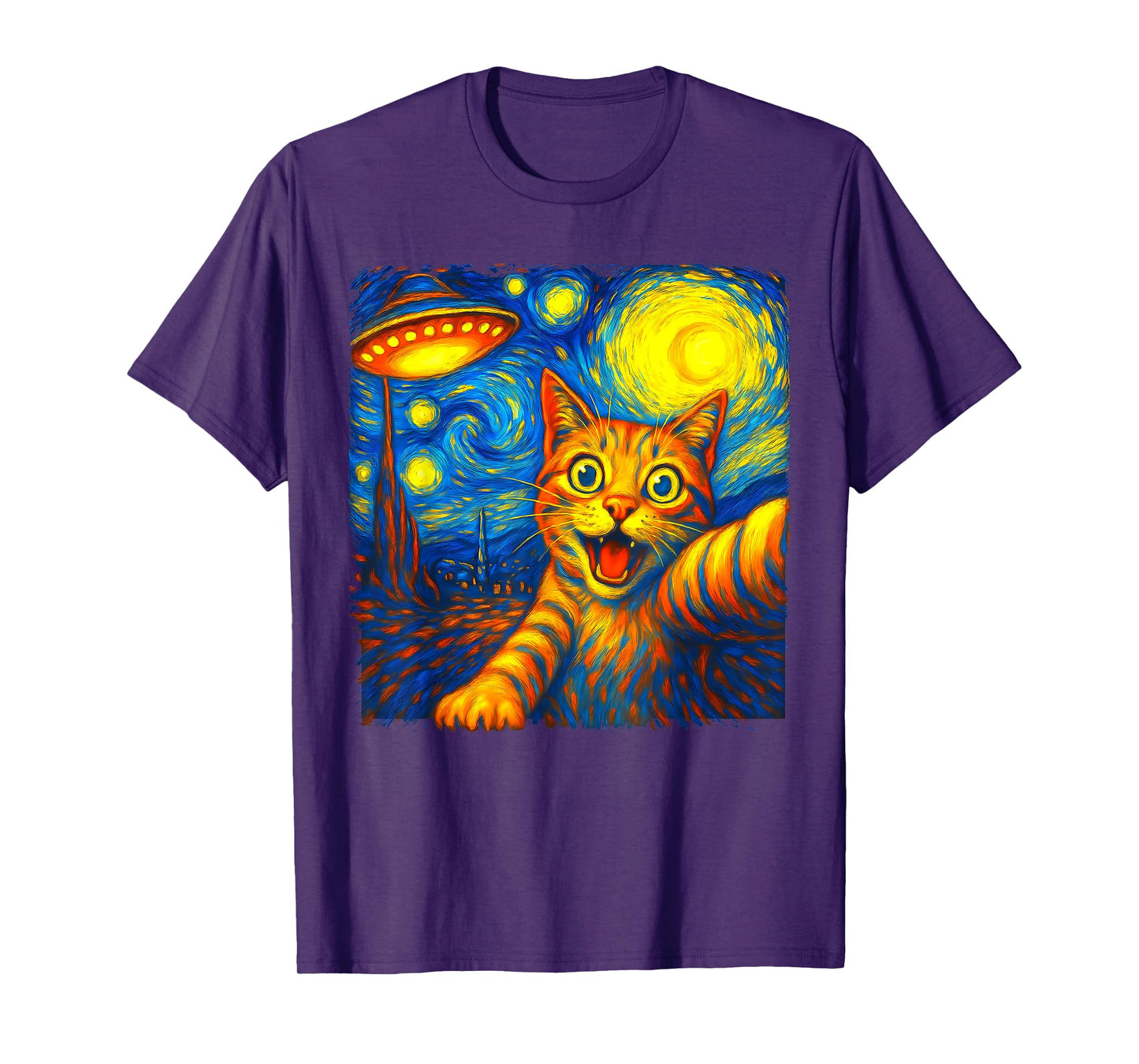 Cat Selfie With Alien UFO Funny Starry Night Van Gogh Men Women Kids T-Shirt