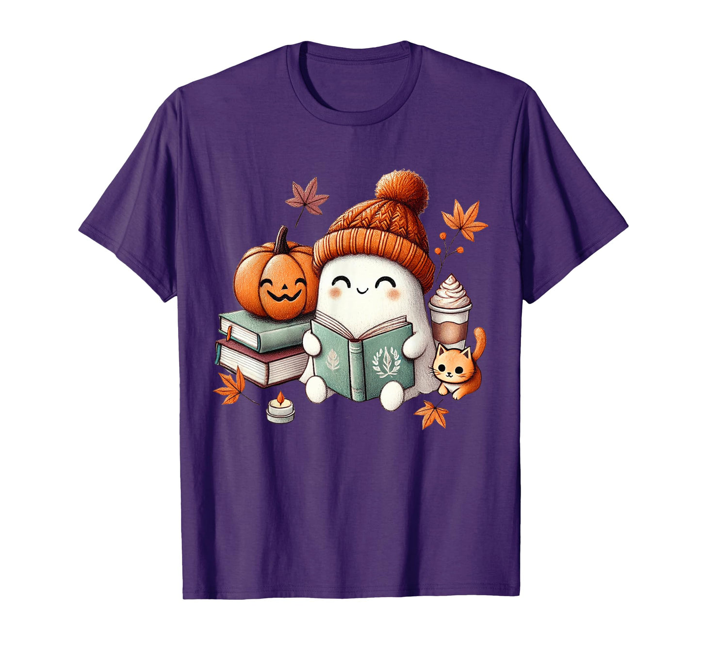 Cute Ghost Cat Reading Book Lovers Halloween Women Girls T-Shirt