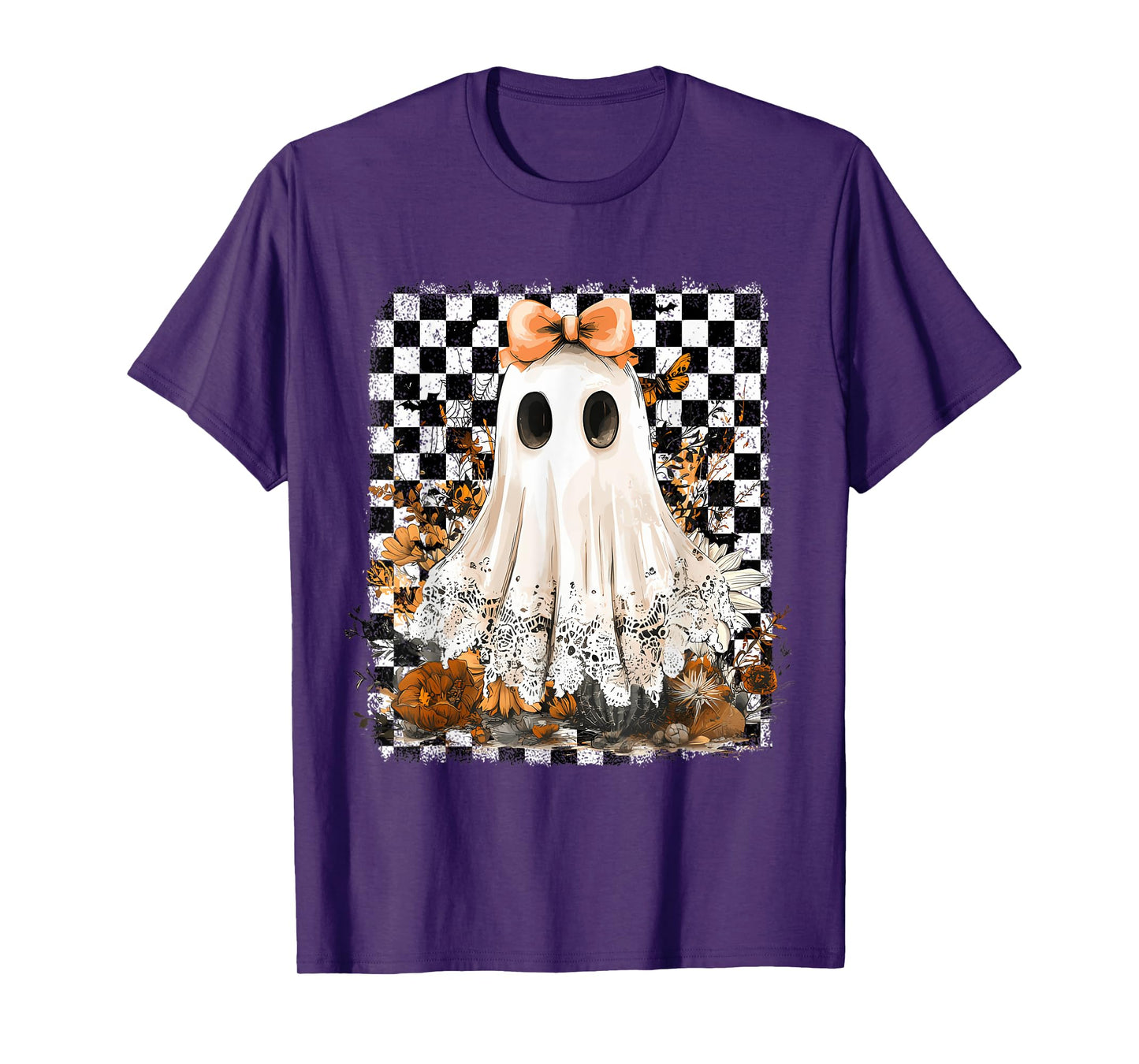 Cute Ghost Floral Lace Checkered Halloween Spooky T-Shirt