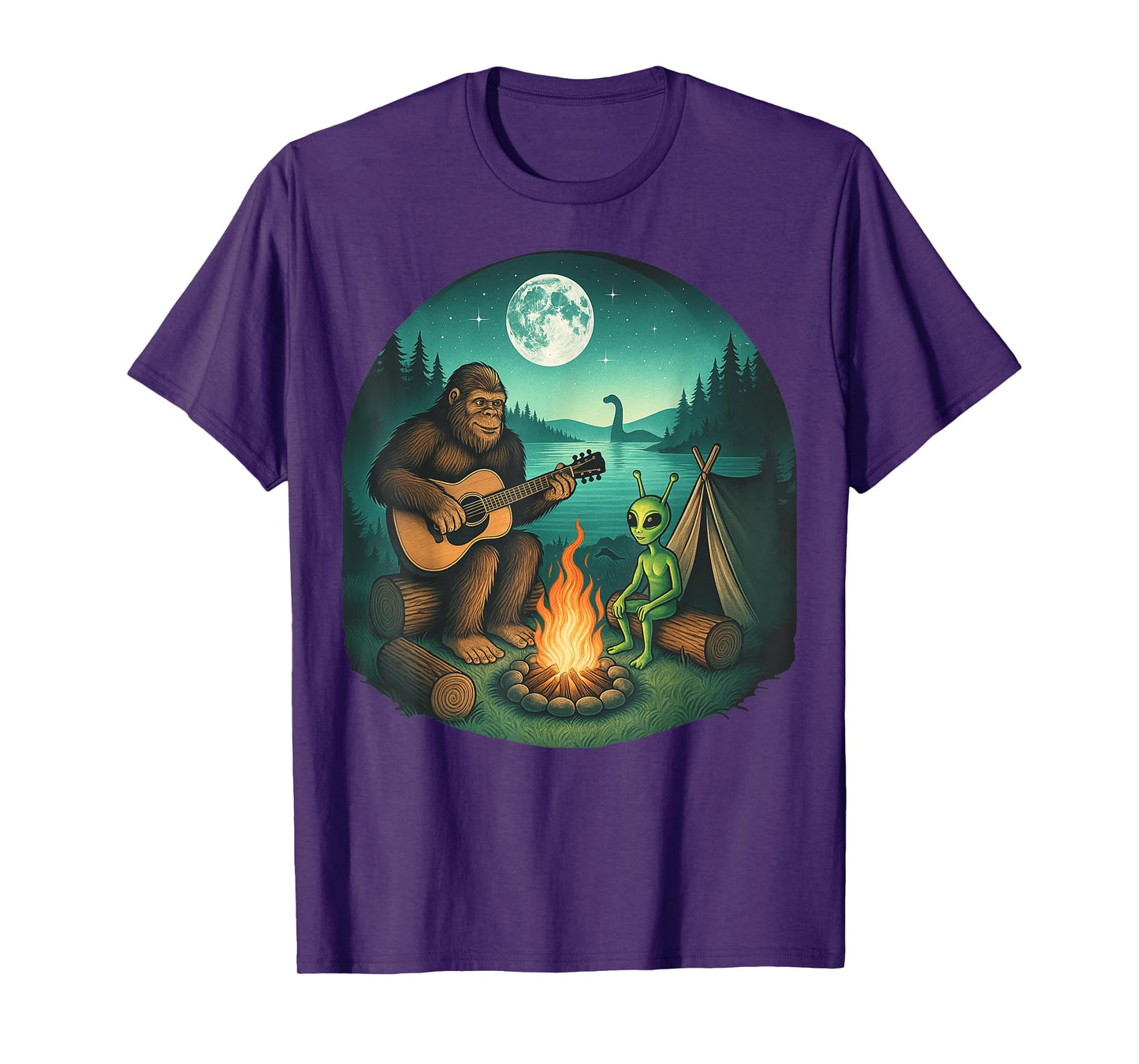 Bigfoot And Alien Loh Ness Campfire For Outdoor Lovers T-Shirt