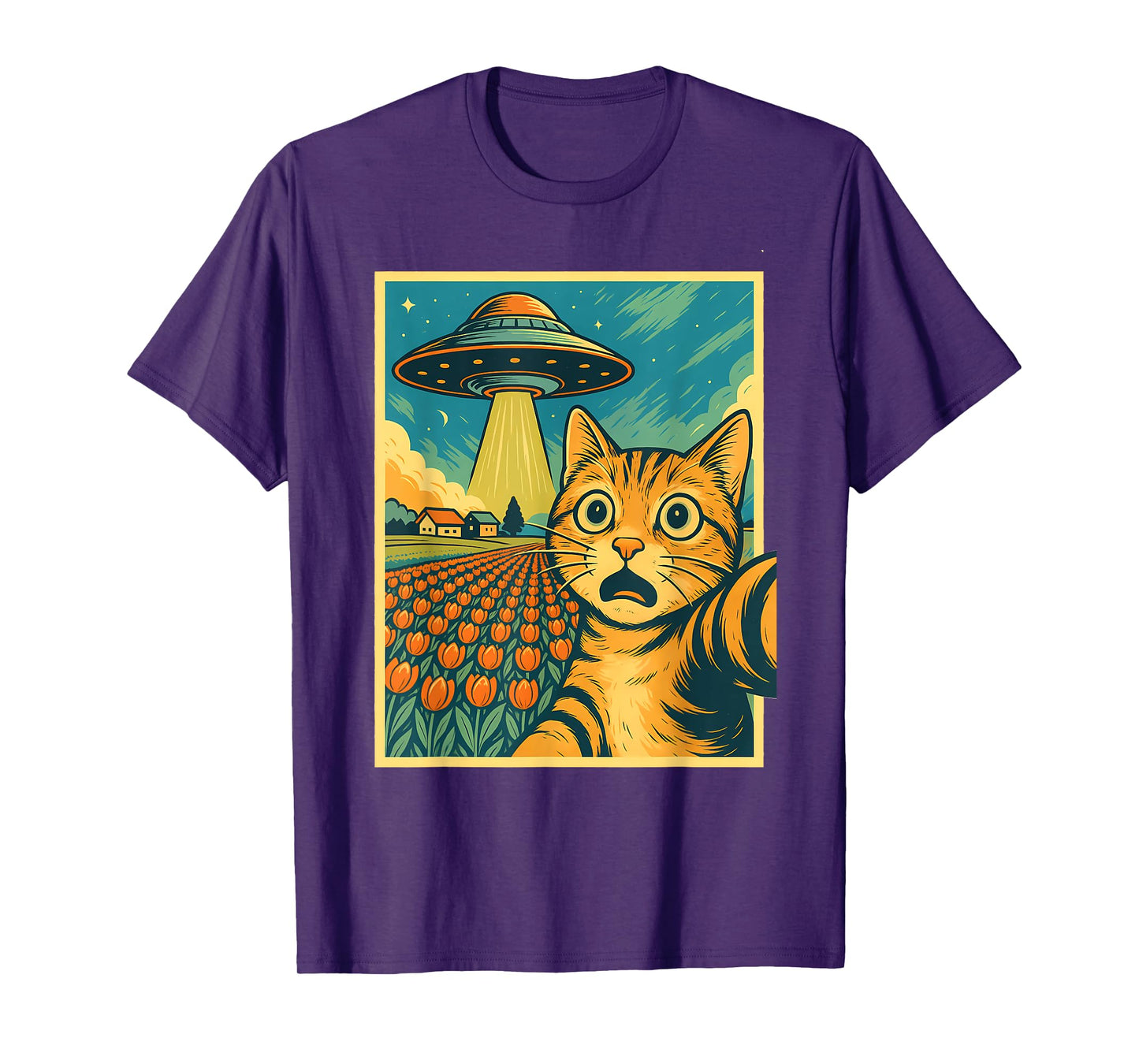 Cat Selfie With Alien UFO Tulip Funny Anime Kawaii Graphic Men Women Kids T-Shirt