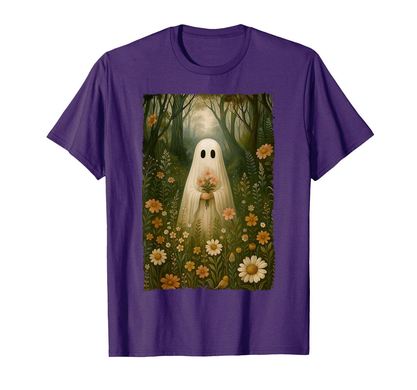 Vintage Halloween Cute Ghost Floral In The Forest Women T-Shirt