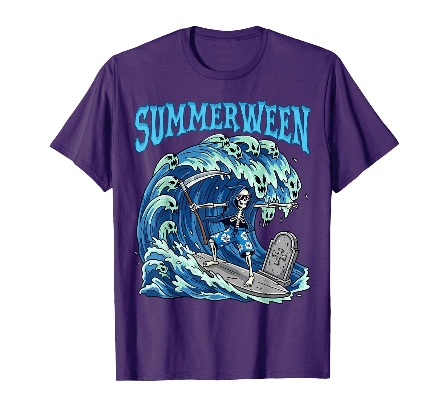 Summerween Skeleton Surf Grim Reaper Beach Spooky Halloween T-Shirt