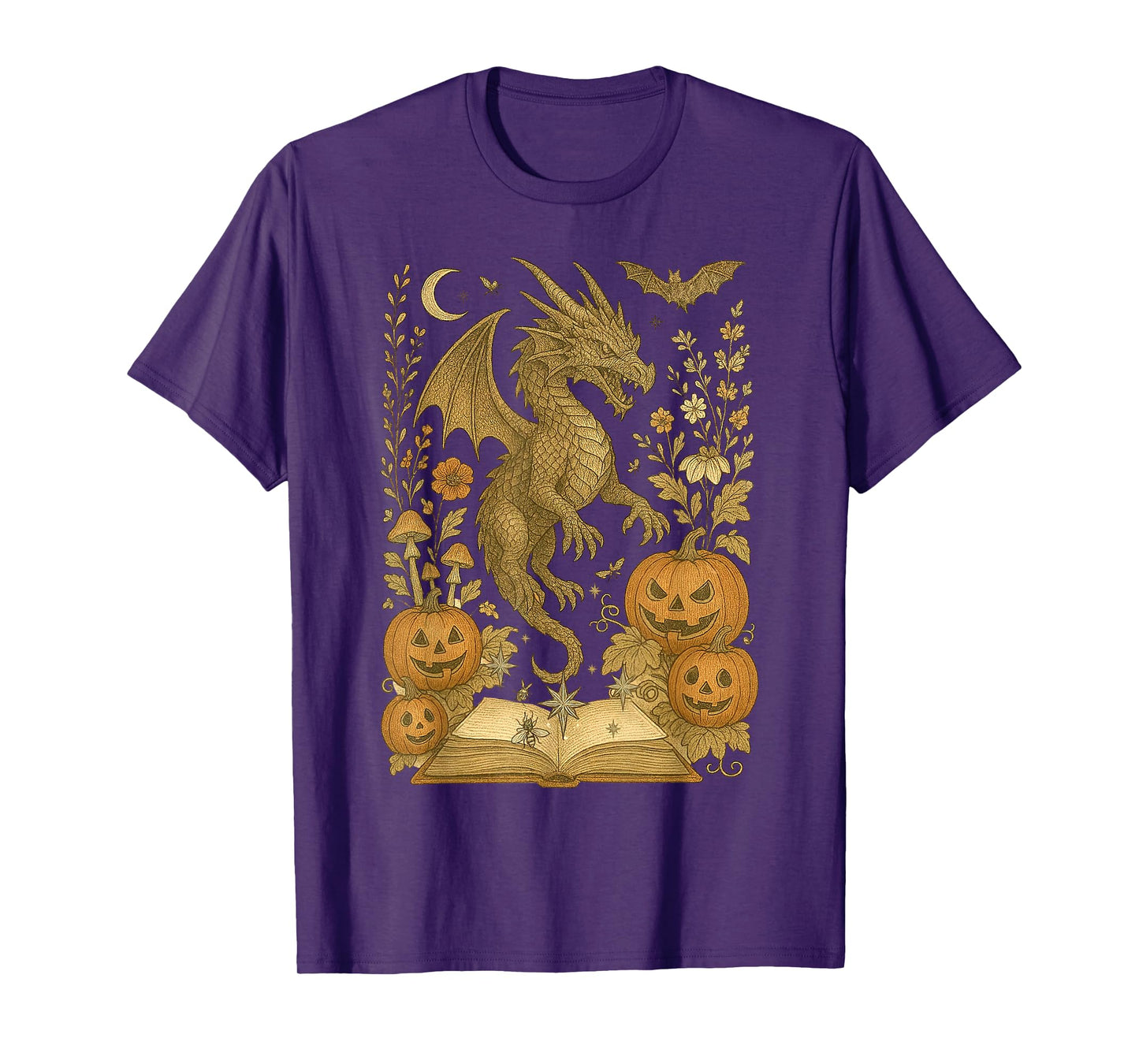 Retro Floral Dragon Book Pumpkin Spooky Reading Halloween T-Shirt