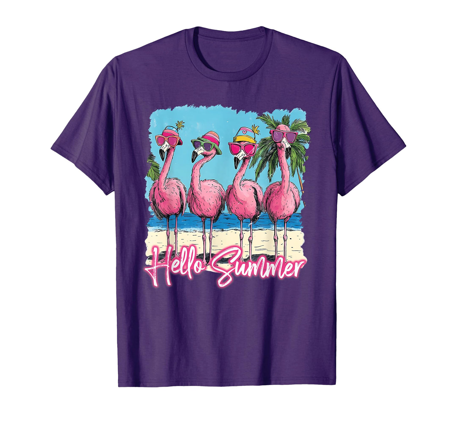 Pink Flamingo Hello Summer Vibes Beach Palm Tree T-Shirt