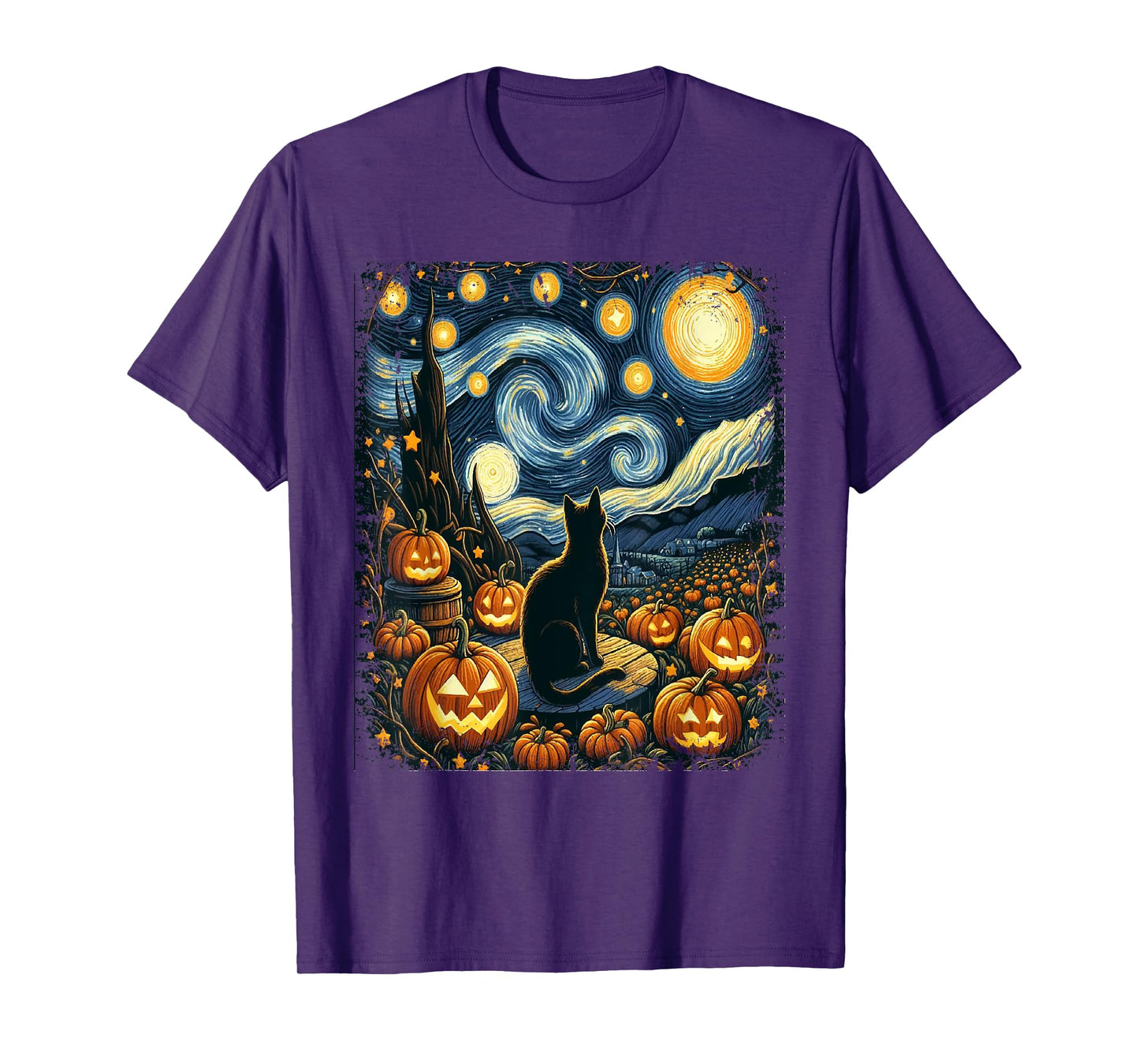 Halloween Van Gogh Starry Night Black Cat Pumpkins Men Women Kids T-Shirt