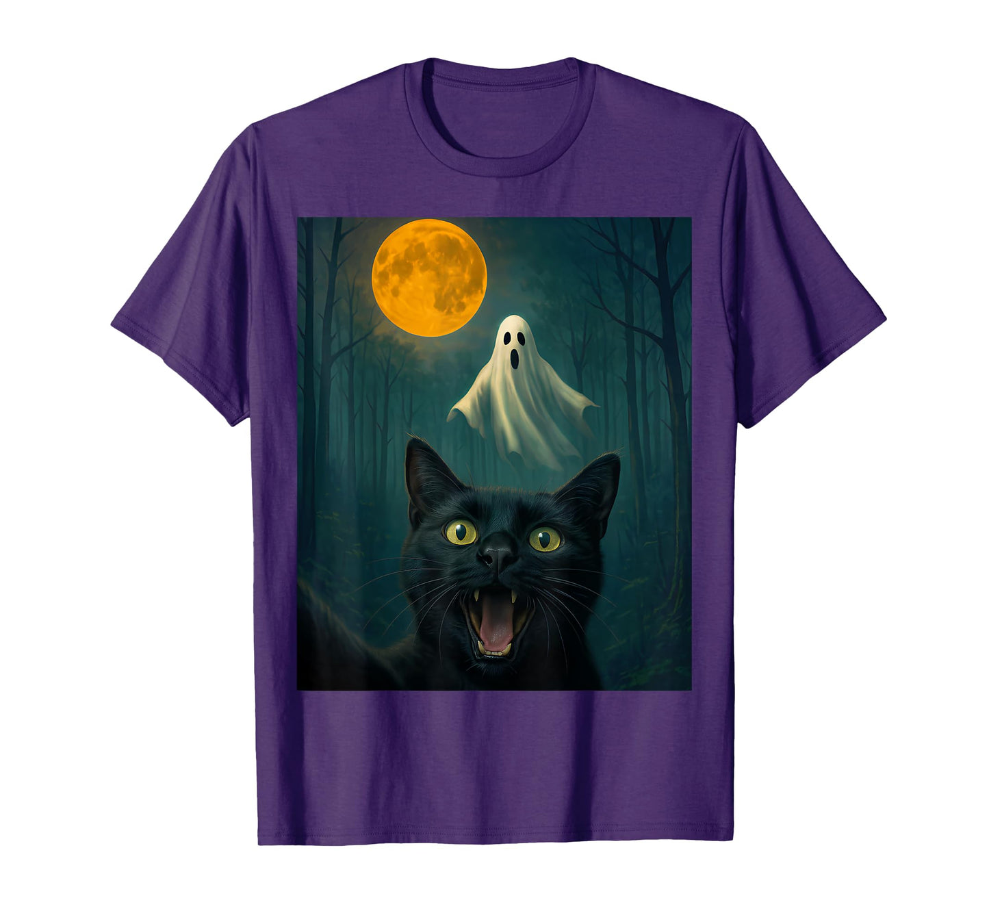 Funny Scared Cat Selfie with Ghost Halloween Day Women Men T-Shirt