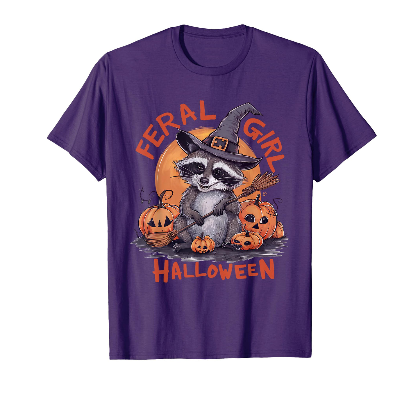 Feral Girl Halloween Spooky Witch Funny Raccoon Pumpkin T-Shirt