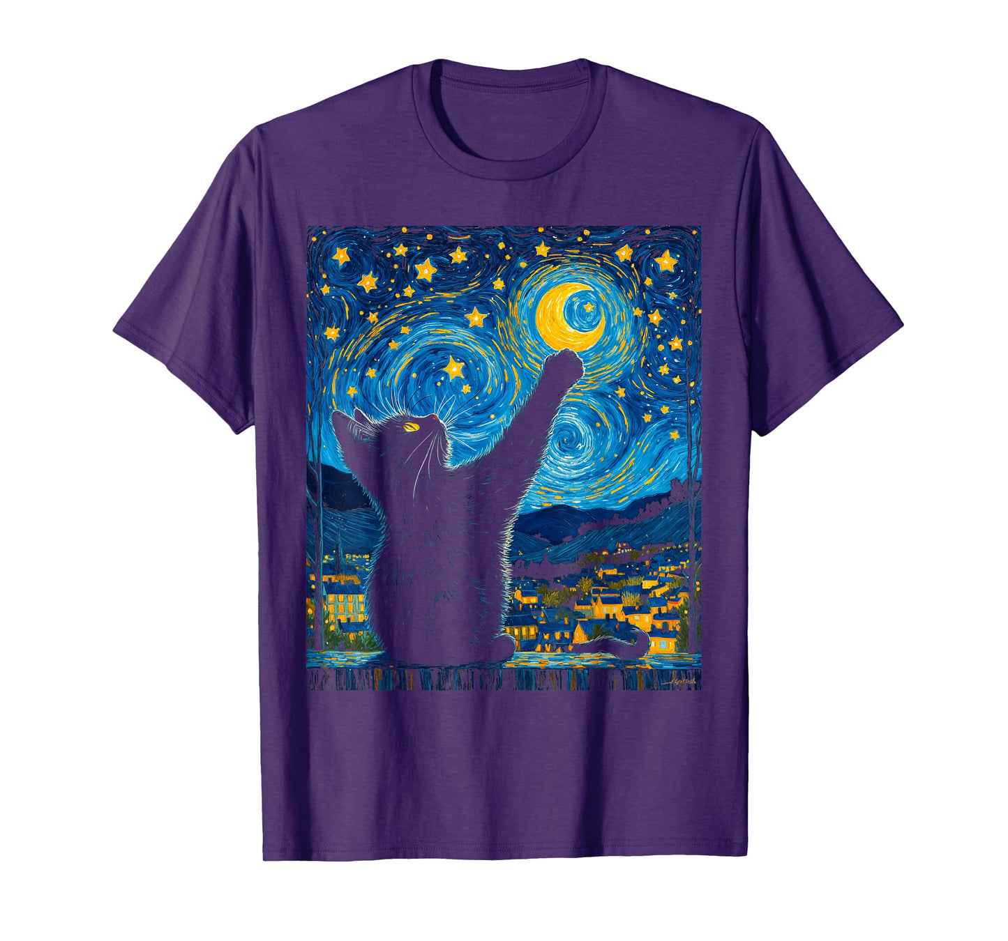 Funny Art Van Gogh Starry Night Cat Moonlit Scene Cat Lovers T-Shirt for Men Women