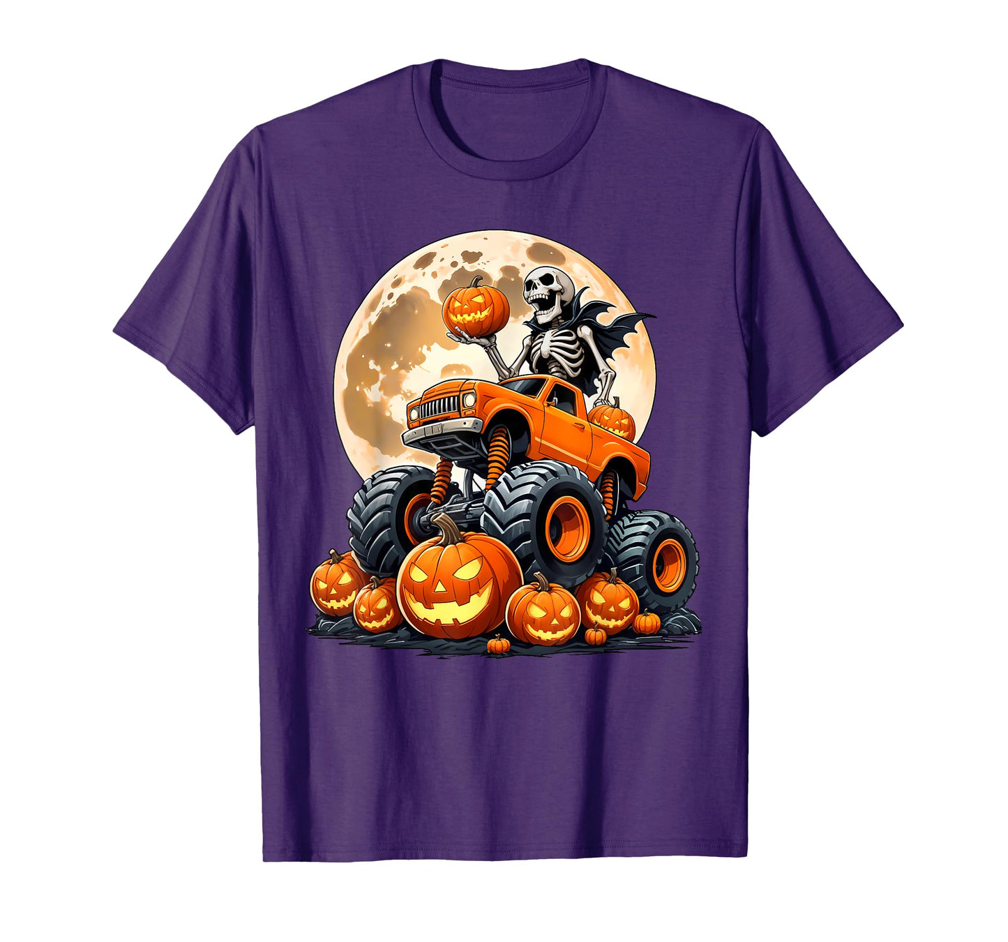 Skeleton Riding Monster Truck Halloween Pumpkin Kids Toddler T-Shirt
