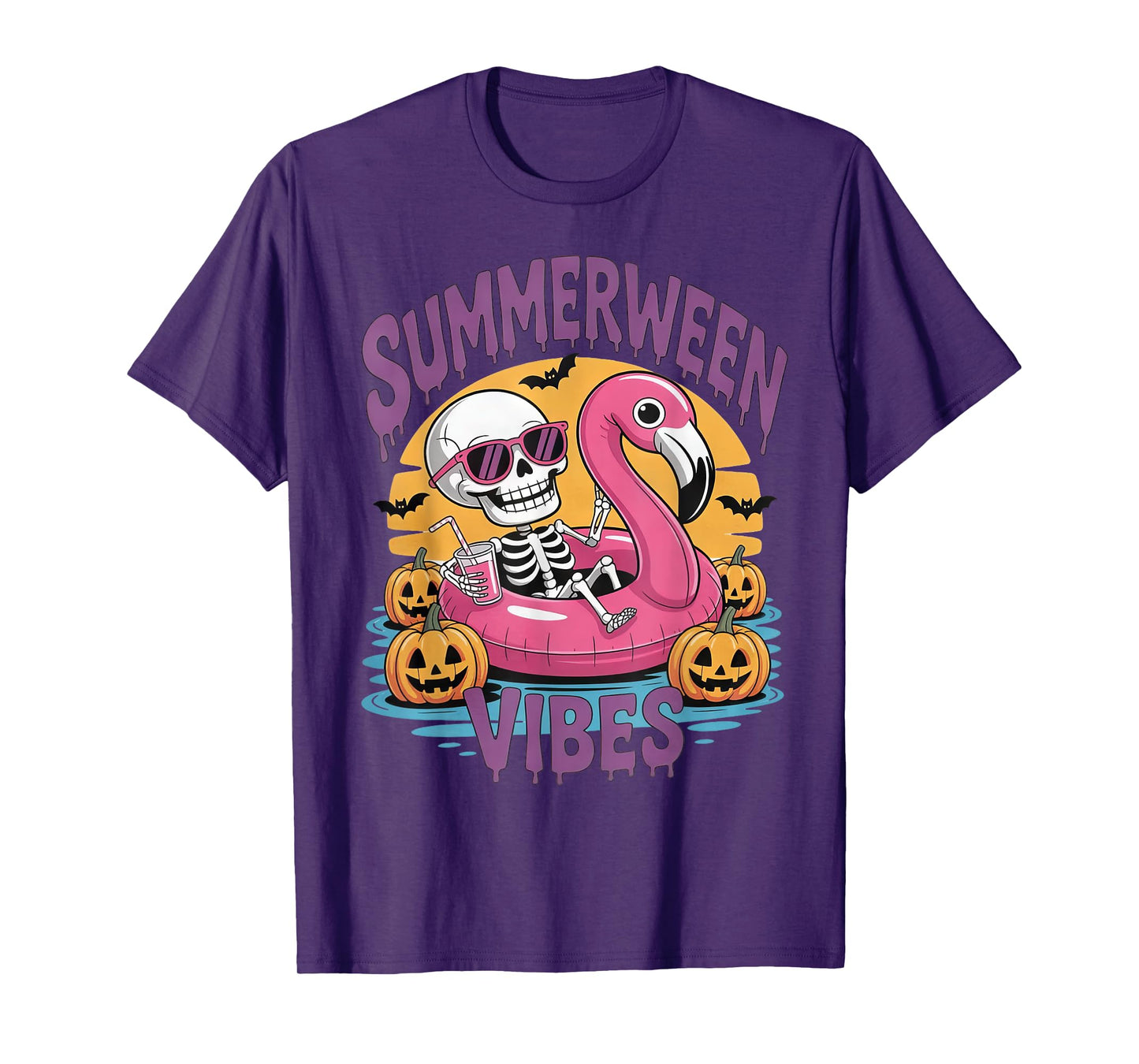 Summerween Vibes Skeleton Flamingo Spooky Halloween Summer T-Shirt
