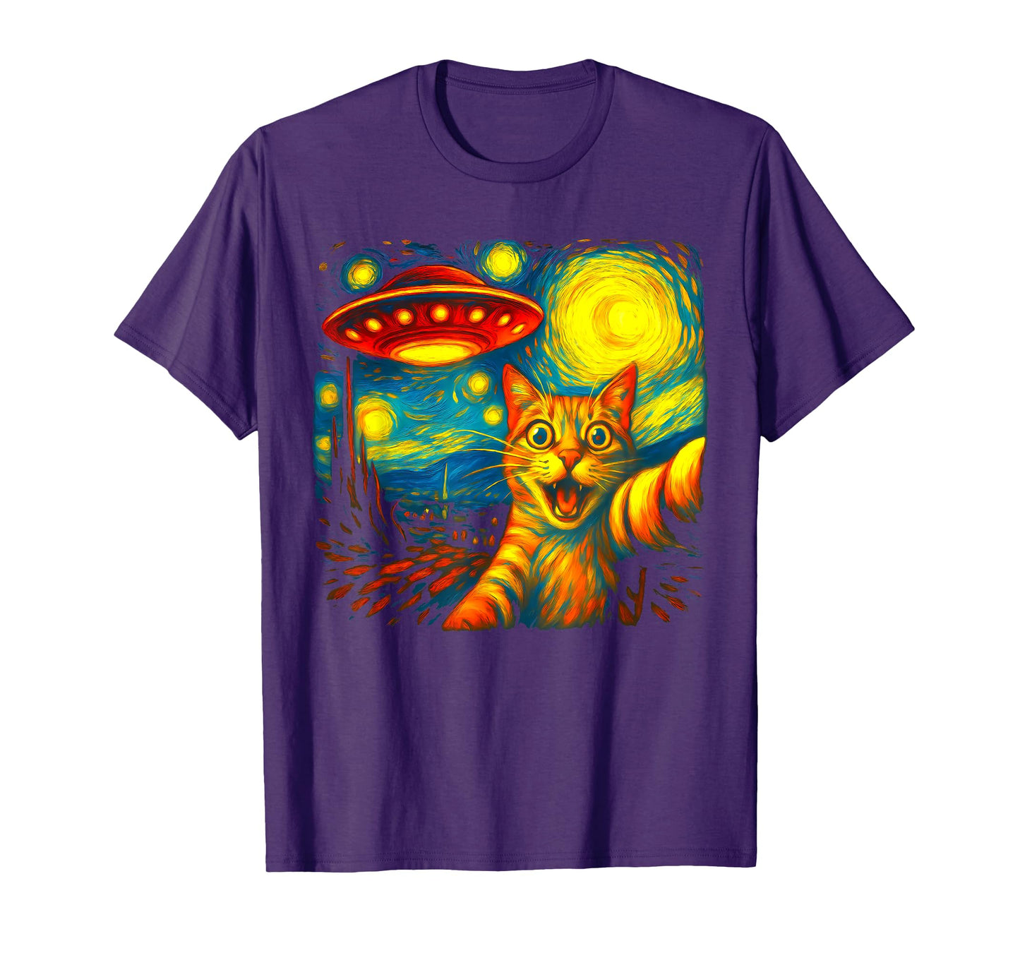 Cat Selfie With Alien UFO Funny Starry Night Van Gogh Men Women Kids T-Shirt