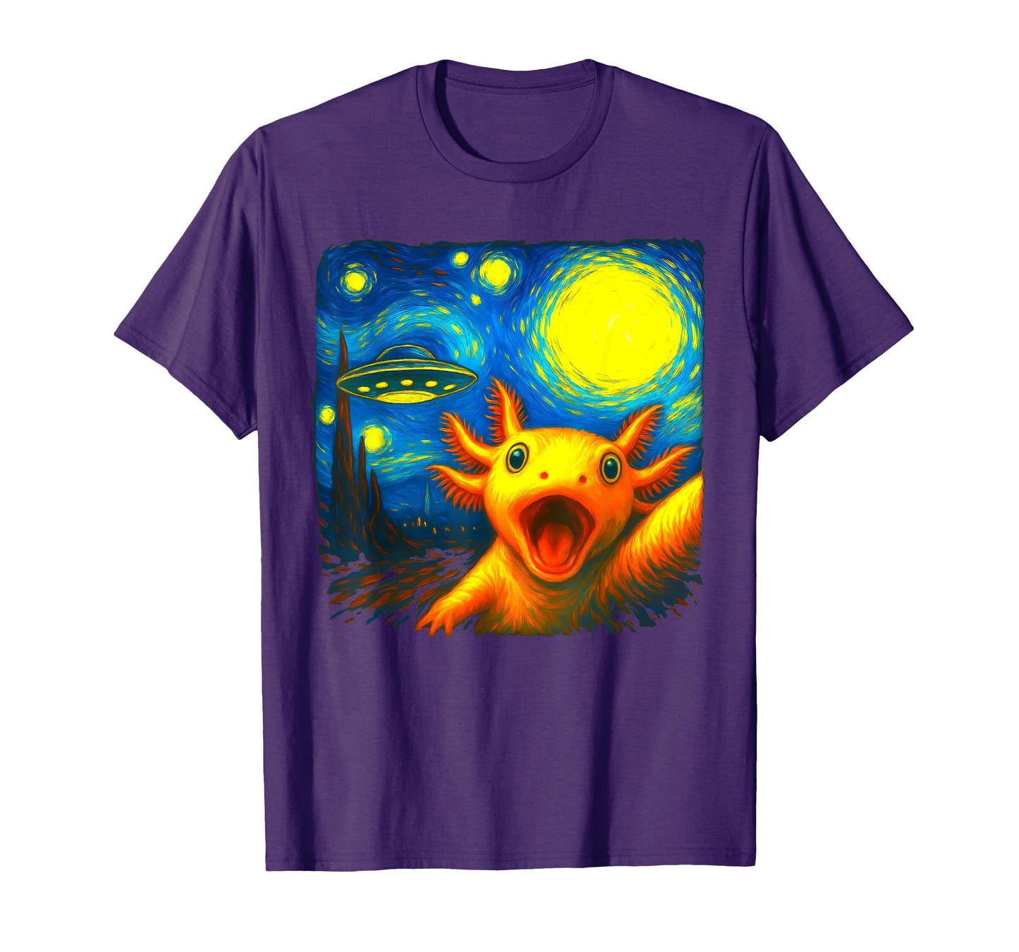Axolotl Selfie With Alien UFO Funny Starry Night Van Gogh T-Shirt