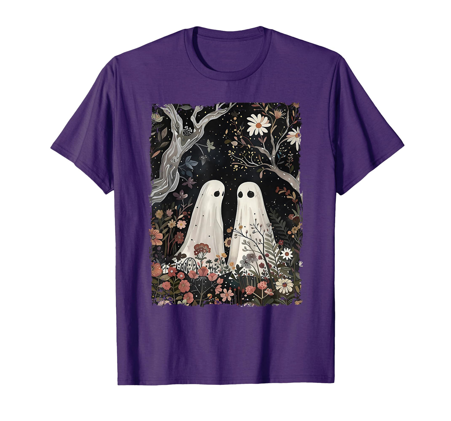 Ghost In The Flower Forest Halloween Spooky Season Vintage T-Shirt