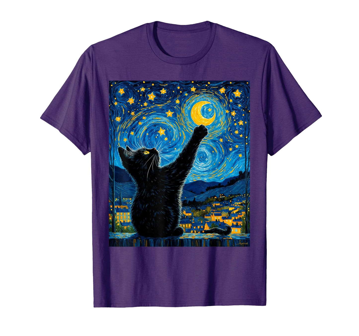 Van Gogh Starry Night Black Cat Moonlit Scene Cat Lovers T-Shirt for Men Women