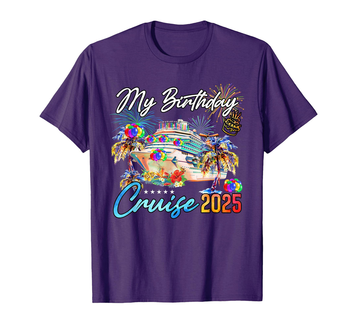 My Birthday Cruise 2025 MYN Unisex-Adult T-Shirt Black Small Crew Neck Short Sleeve Classic Fit Lightweight